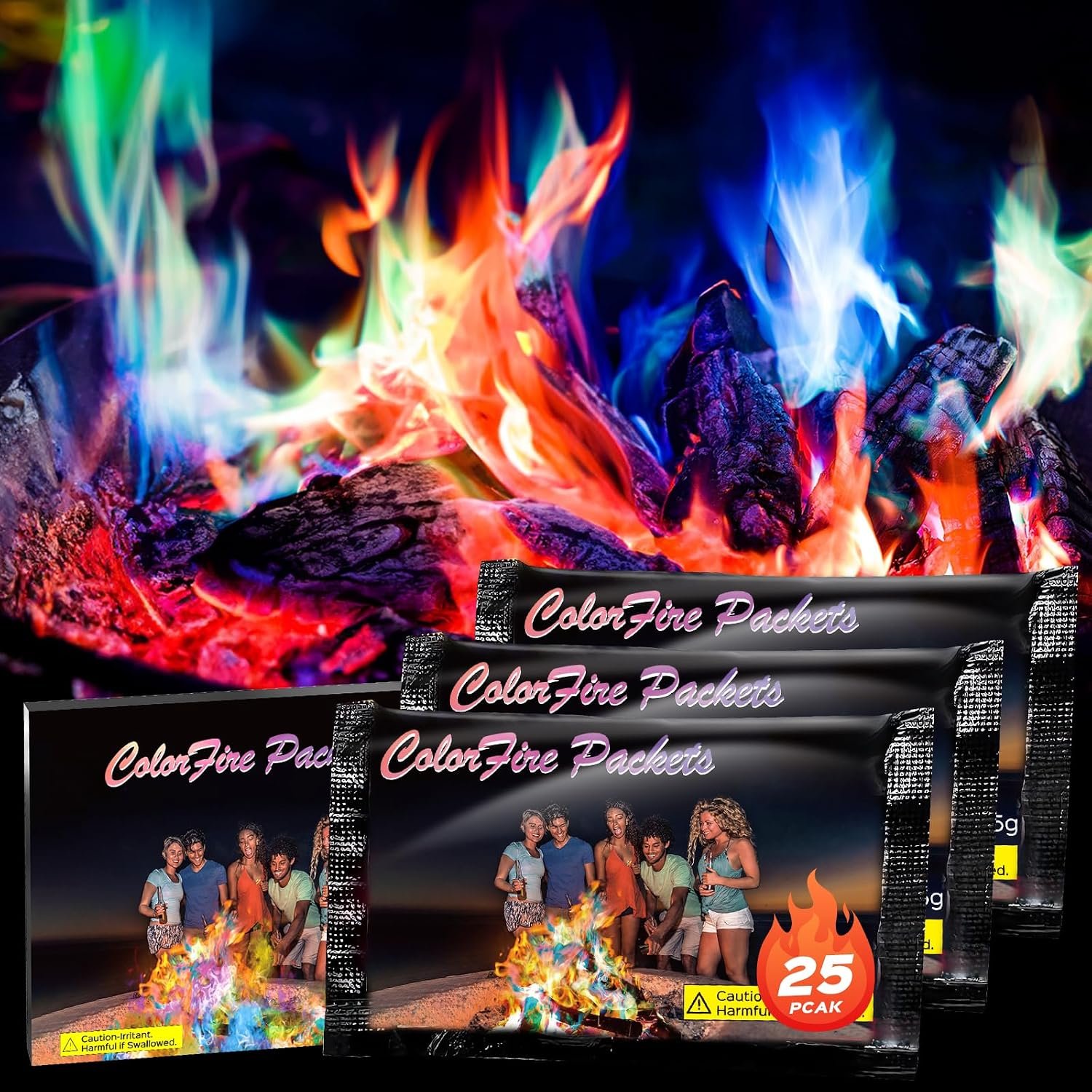 25 Pack Colorful Flames Color Fire Packets Fire Pit for Campfire,Fire Color Packets Camping Accessories for Kids & Adults,Outdoor Fire Changing Flame Powder. (25 Packets)
