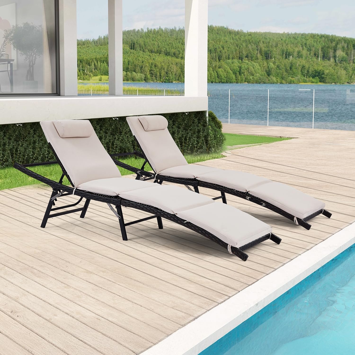 Patio Chaise Lounges Set of 2 with Adjustable Backrest and Removable Thick Cushions, 2 Pieces Patio Lounge Chairs Outdoor Folding Cushioned Patio Seating for Poolside Backyard Porch Pool