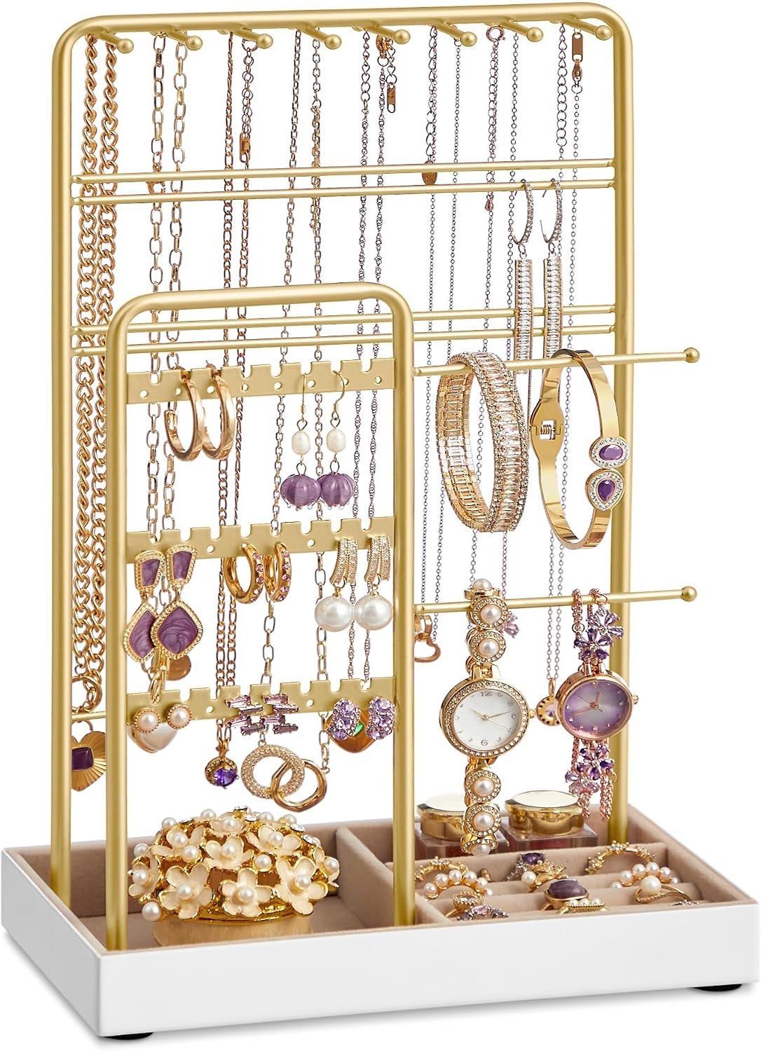SONGMICS Necklace Holder, Jewelry Stand Holder Organizer, Jewelry Display with Metal Frame, Velvet Tray, Earring Bracelet Holder, for Gift Idea, 4.5 x 7.7 x 12.1 inch, Pale Gold UJJS021A01