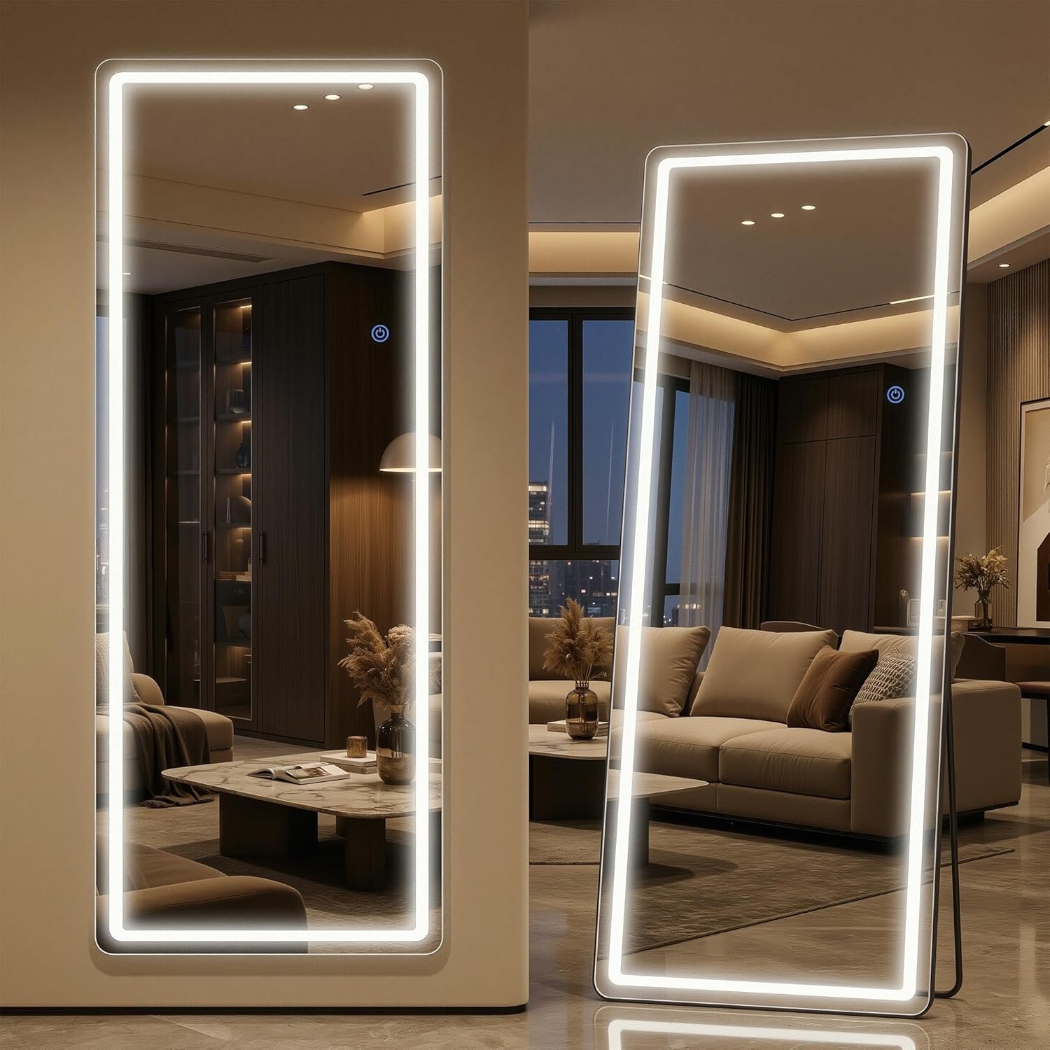 Antok LED Full Length Mirror with Light, 58″x18″ Lighted Full Body Mirror with Stand, Dimmable & 3 Color Lighting Standing/Leaning/Wall Mounted Vanity Mirror for Bedroom Cloakroom Livingroom(Rect)