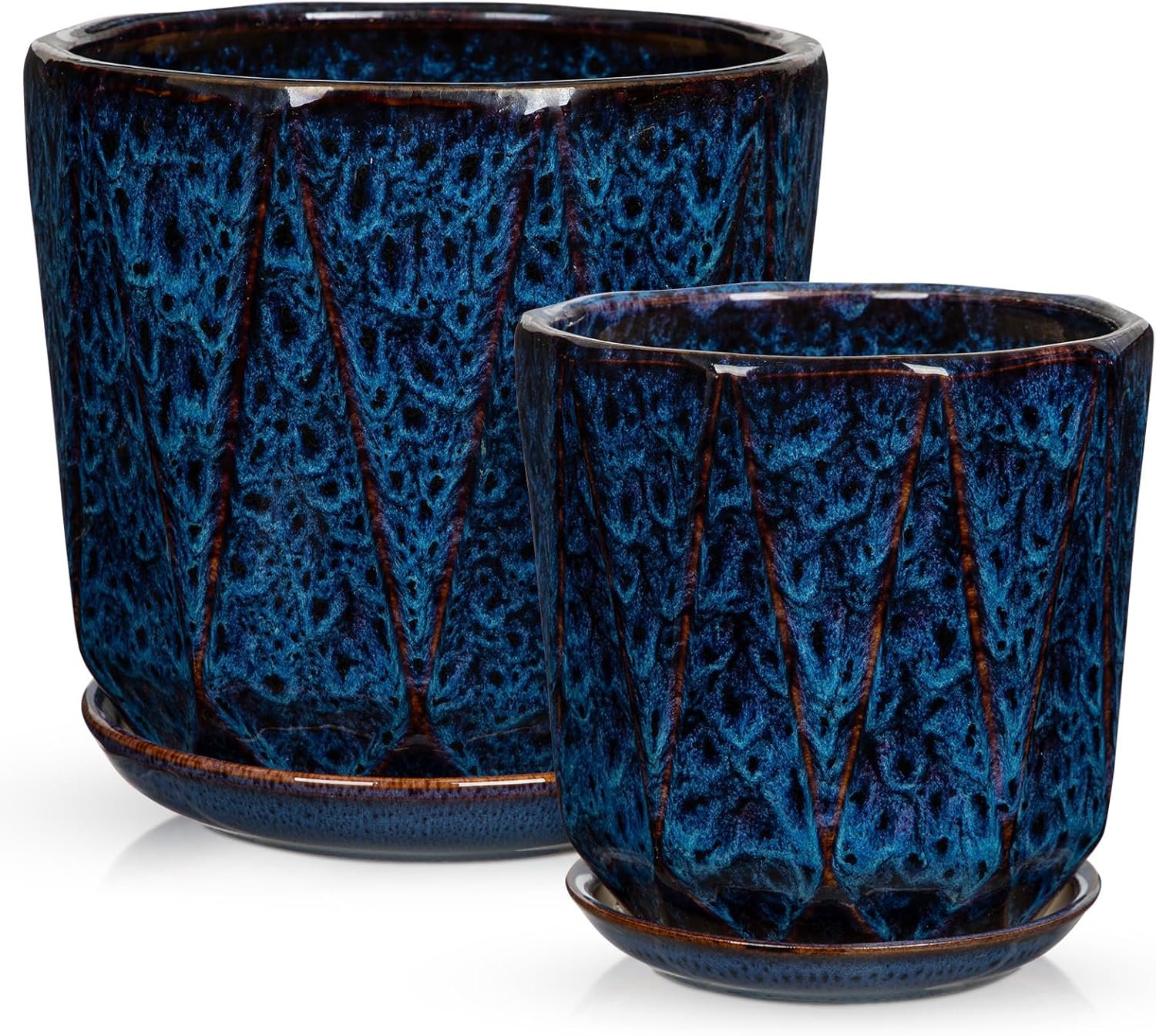 Oairse Ceramic Pots for Plants, 8+6 inch Plant Pots with Drainages Holes & Saucers Large Blue Ceramic Planters Decorative Flower Pot for Indoor Plants Outdoor Inoor