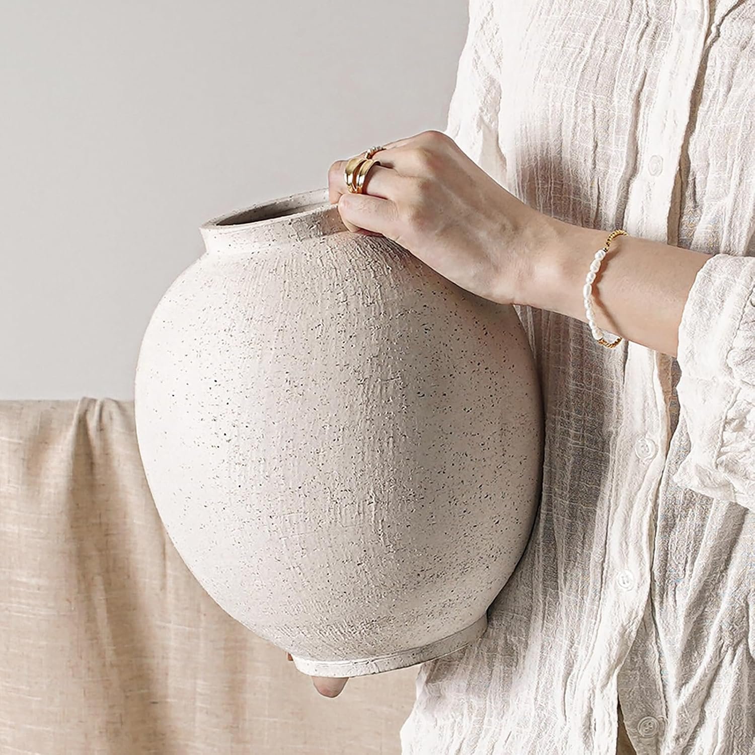 Large White Ceramic Vase – 9.8 Inch Rustic Farmhouse Flower Vase for Home Decor, Minimalist Tall Vases for Living Room, Table, Bathroom, Holiday & Weddings (Sandstone White)