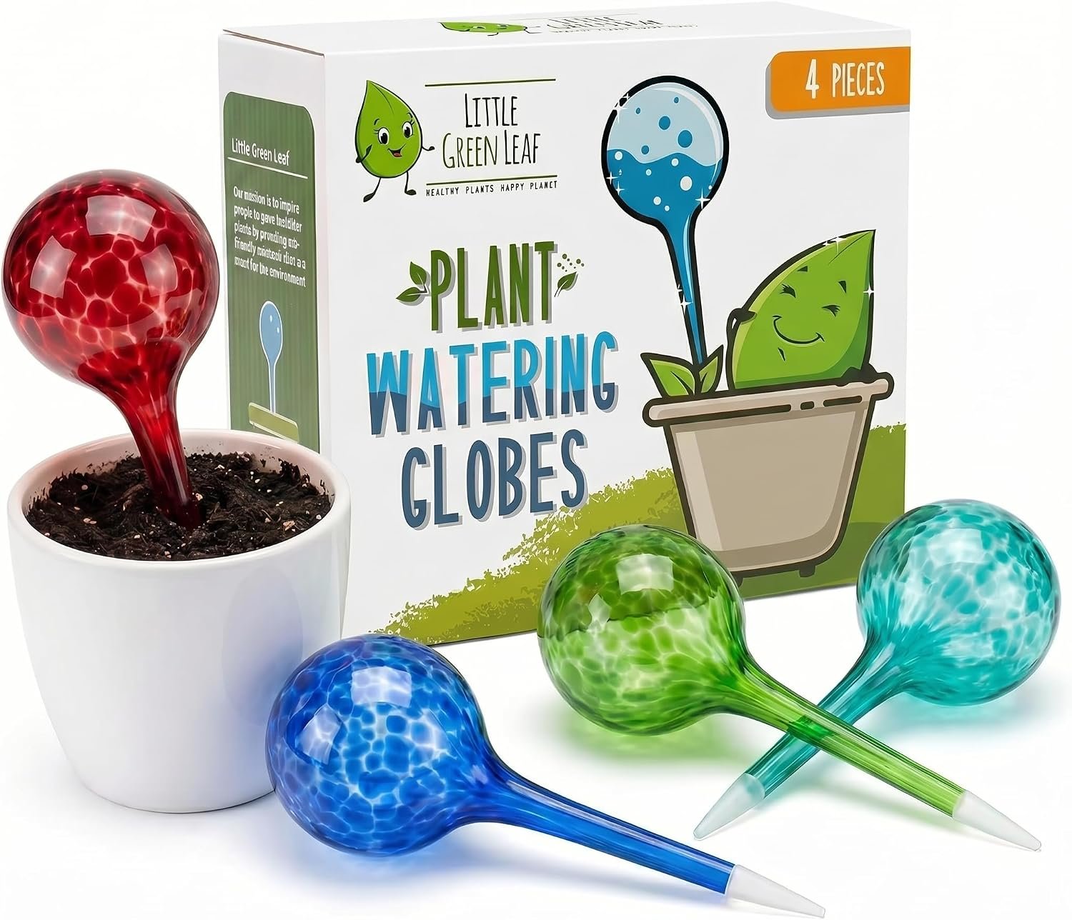 Little Green Leaf Automatic Plant Watering Globes Self Watering Planter Inserts (Set of 4) | Hands Free Multicolor Glass Bulbs | Planter Spikes to Support Indoor & Outdoor Plant Health (100ml)