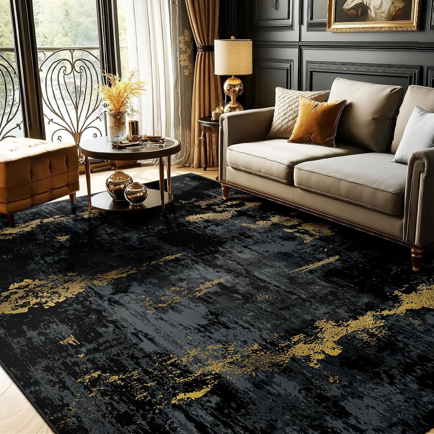 RELEANY Washable Area Rugs 5’x7′ Non-Slip Modern Abstract Soft for Living Room Entryway Bedroom Kitchen, Print Pattern, Dark Black Gold