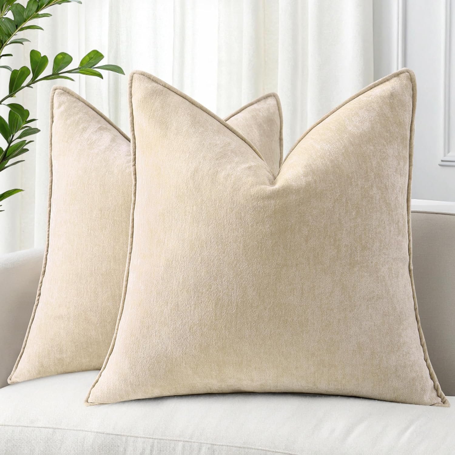 decorUhome Fall Couch Throw Pillow Covers 18×18 Set of 2, Decorative Soft Velvet Modern Cozy Chenille Pillow Cases with Elegant Design for Sofa Bed Living Room Home Decor, Beige