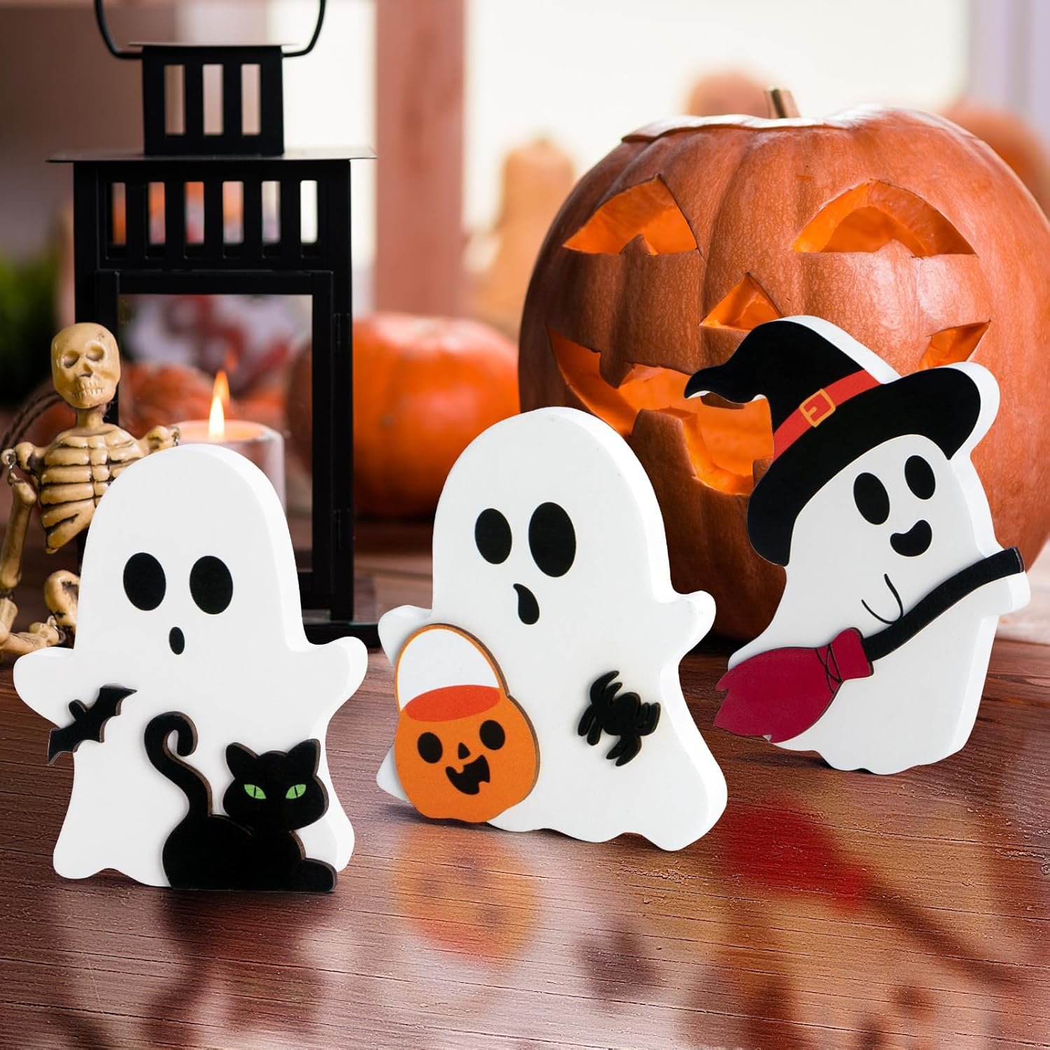 3 Pcs Halloween Ghost Decor – Cute Ghost Decorations Indoor, Wooden Tiered Tray Decor Table Sign Set, Halloween Table Decor Witch Broom Pumpkin Bat Blocks for Party Home Shelf Display