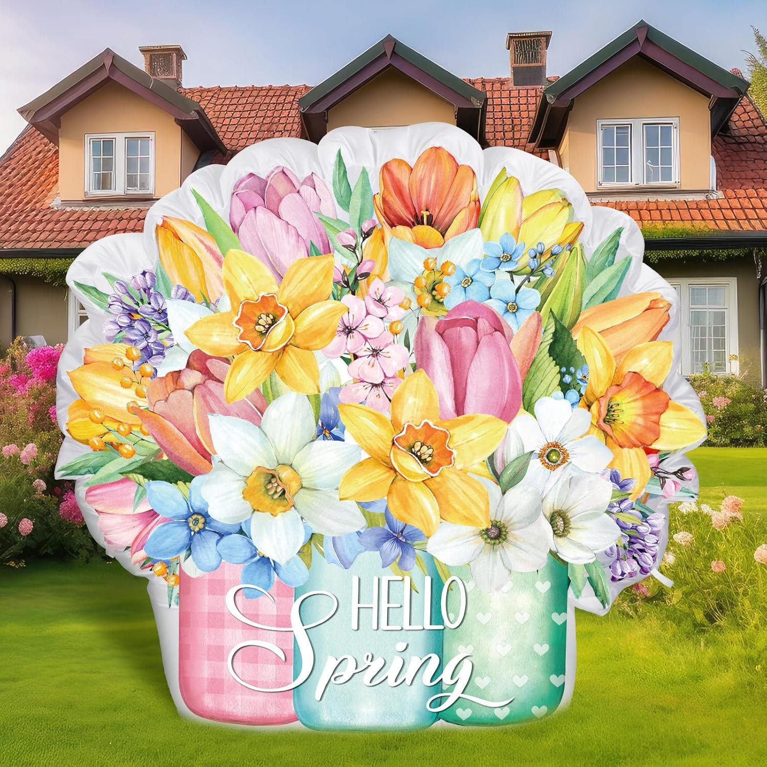 Halloscume 5ft Spring Floral Inflatable Outdoor Decorations Blow up Mason Jar Flowers Built in LED Lights for Hello Spring Summer Yard Lawn Supplies
