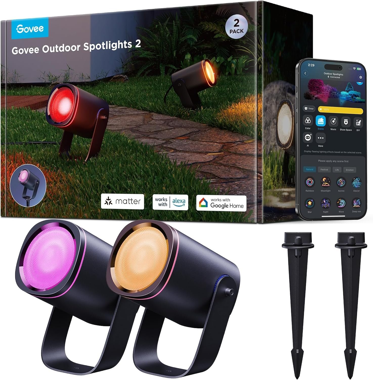 Govee Outdoor Spot Lights 2, IP67 Waterproof Spotlights, Landscape Lights Work with Matter, Alexa, and Google Assistant, RGBWIC Color Changing Light for Outdoor Decor, Patio Decorations, 2 Pack