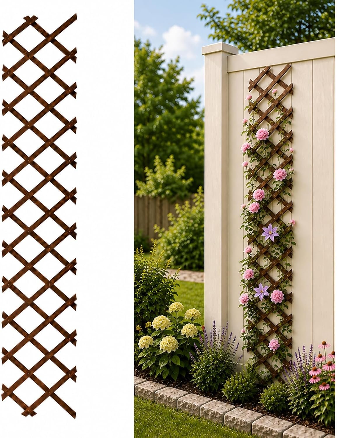 1 PCS Expandable Garden Trellis, 13.1″ x 67″ Trellis for Climbing Plants Outdoor, Wooden Lattice Fence Wall Panel Lattice Panels for Outside, for Climbing Plants Vine Ivy Rose Cucumbers Clematis（1PC）
