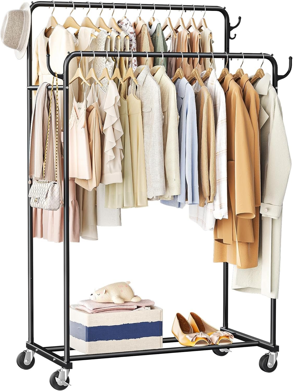 Clothes Rack, Rolling Clothing Rack with Double Rods for Hanging Clothes, Portable Garment Rack with Wheels, Metal Wardrobe Closet Organizer for Bedroom and Laundry Room