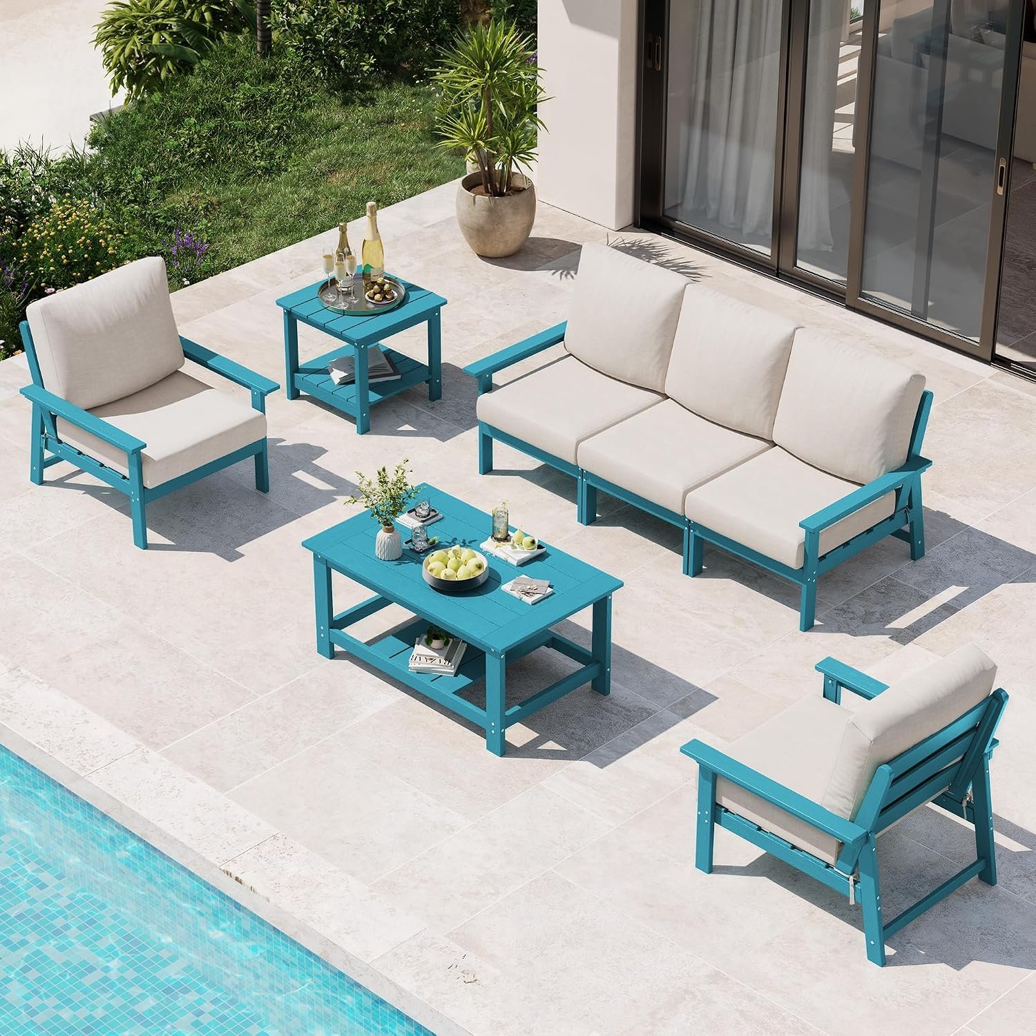 Ciokea Modular Patio Furniture Set with Thicked Cushions, 7Pcs All-Weather Outdoor Conversation Set with Coffee Table & Side Table, Modern Sectional Sofa Set for Deck (Blue Frame/Beige Cushions)