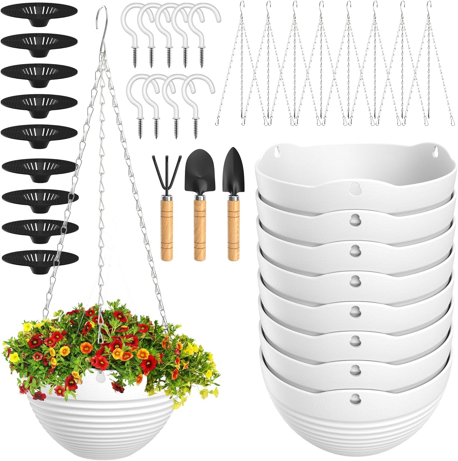 Hanging Planters, Set of 9 White Hanging Pots, 8″ Hanging Flower Pots, Plant Pots with Drainage Plugs, Water Barrier and Chains, Come with Free Mini Garden Tools Set