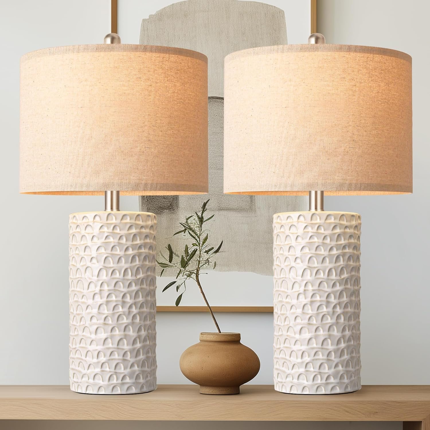 PARTPHONER 23″ Modern Ceramic Table Lamp Set of 2, Table Lamps for Living Room, Rustic Farmhouse Bedside Lamps Nightstand lamp for Bedroom, White Desk Lamp for End Table Home Decor Beige