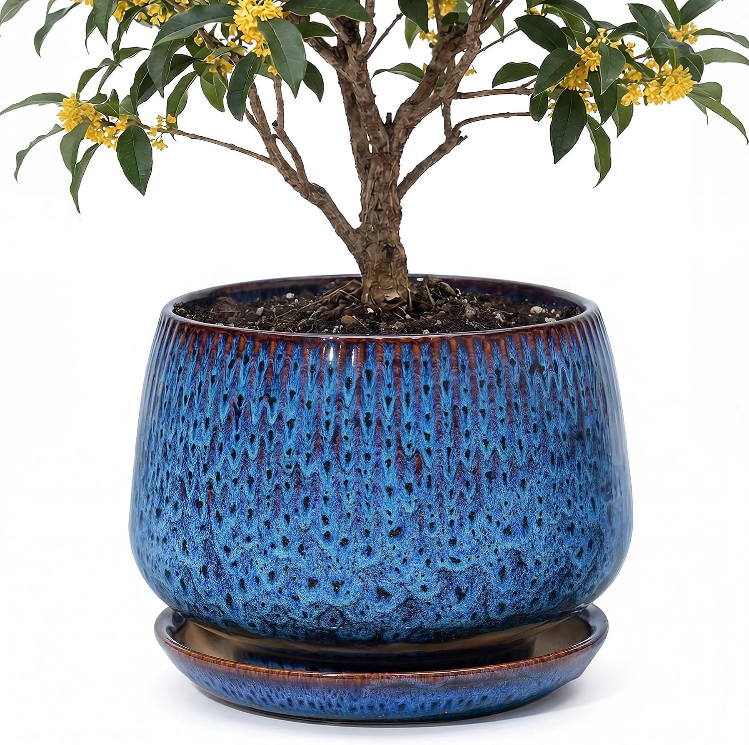 10.3 Inch Ceramic Planter with Saucer,Modern Garden Pots with Drainage Hole Mesh Net, for Indoor Outdoor Use (Speckle Blue)