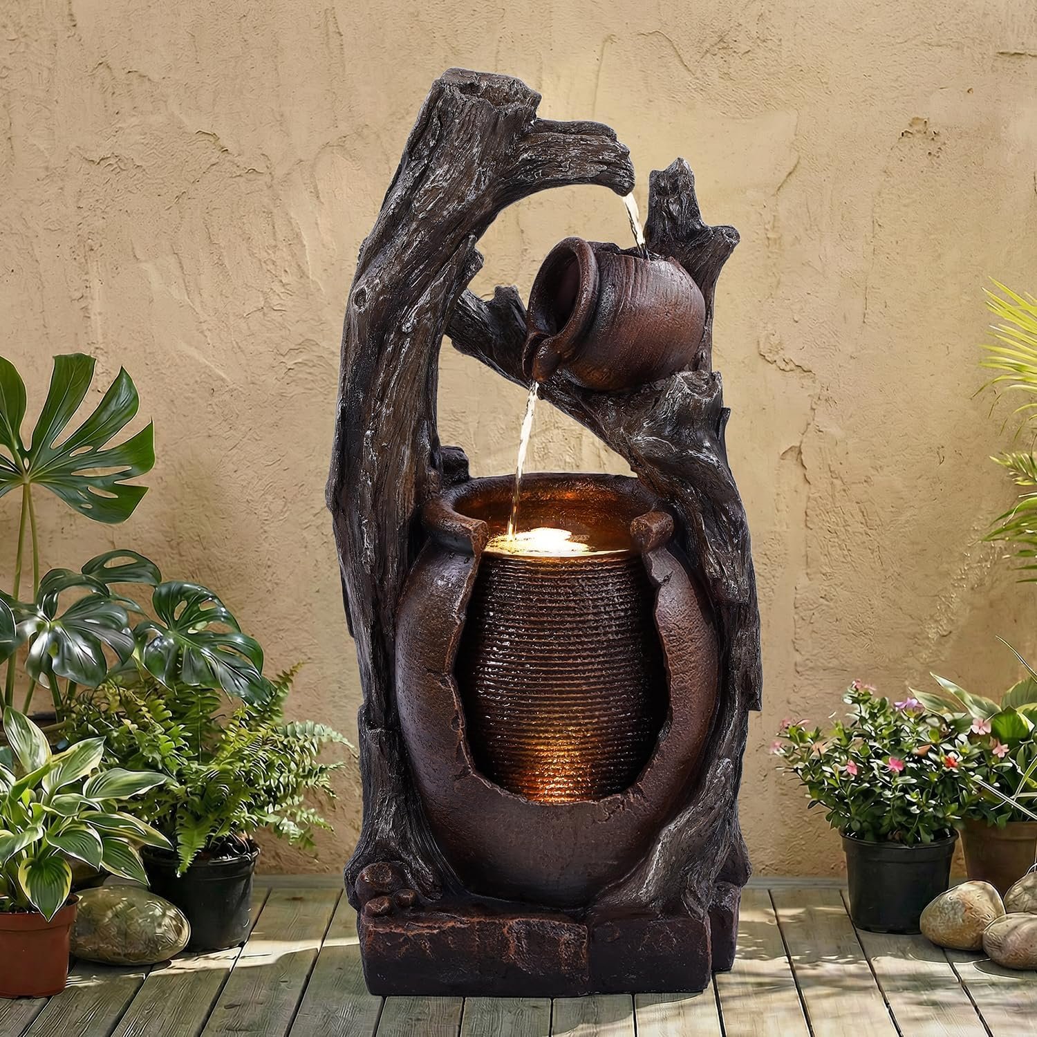 32″ H Outdoor Water Fountain, Rustic 2-Tier Clay Pot Water Fountain and Waterfalls with 2 Warm LED Lights, Natural Feature Garden Fountains for Patio, Backyard, Deck, Porch, Home Decor
