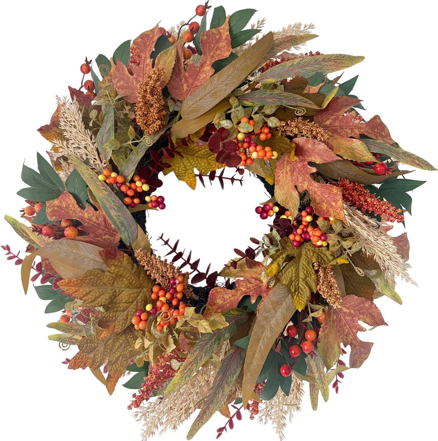 HipTree 20 Inch Fall Wreath for Front Door, Artificial Autumn Wreath with Maple Leaves Berries Wheat Grass, Fall Decorations for Home, Harvest Thanksgiving Decor for Porch Wall Indoor Outdoor