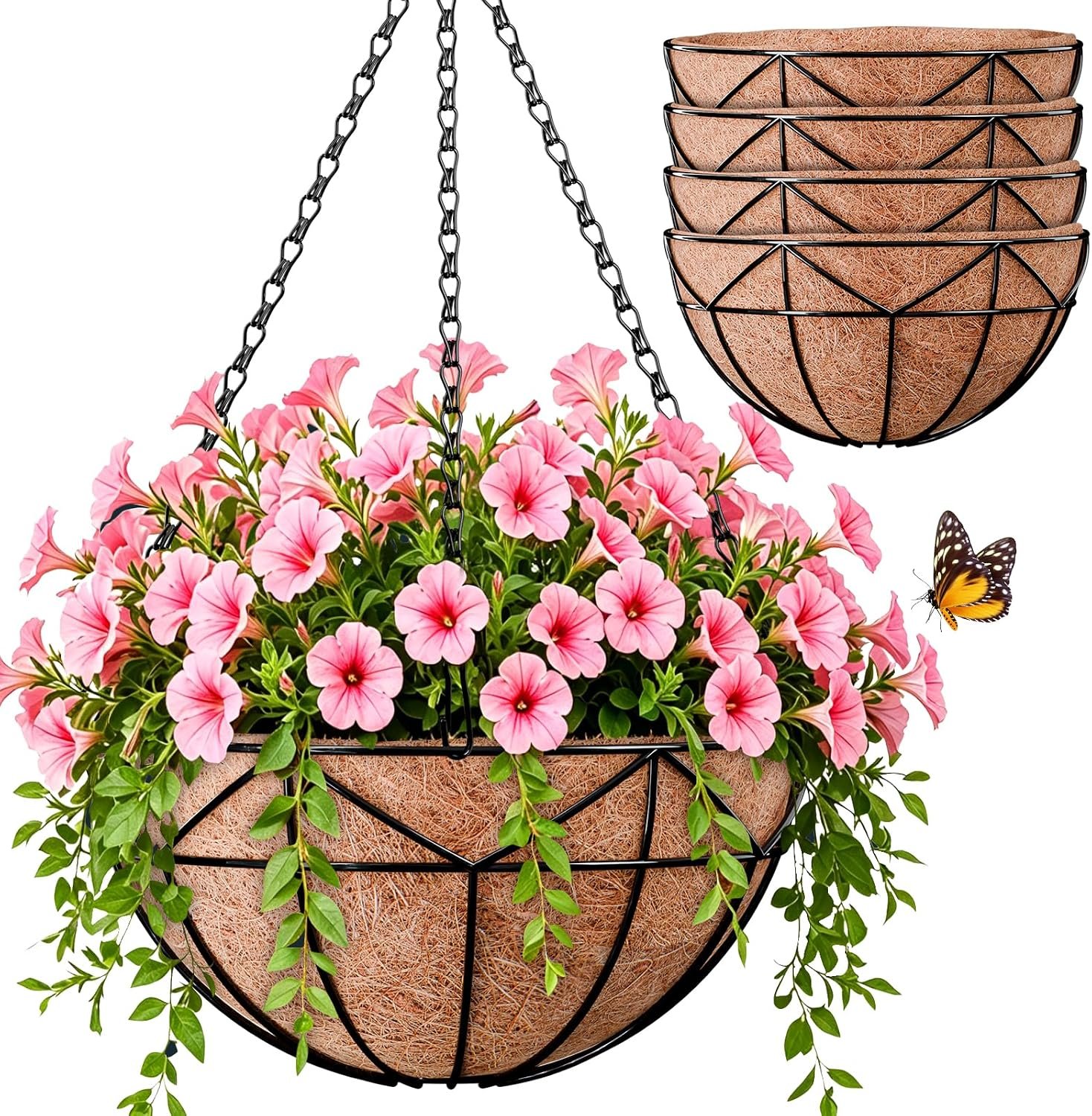 Halatool 4 Pack 14 Inch Hanging Baskets for Plants Outdoor, Round Wire Metal Baskets with Coco Liners for Garden Patio Balcony Fence, Hanging Planters for Flowers Ferns Succulents Herbs Vines