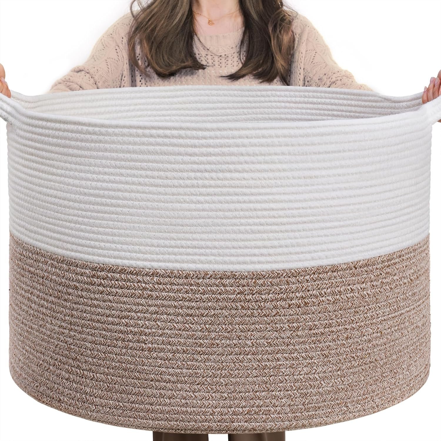 INDRESSME XXXLarge Blanket Basket for Living Room 21.7″ x 21.7″ x 13.8″-Storage Basket with Handle for Organizing Toy Pillows Woven Cotton Rope Laundry Basket Stuffed Animal Toy Storage for Play Room