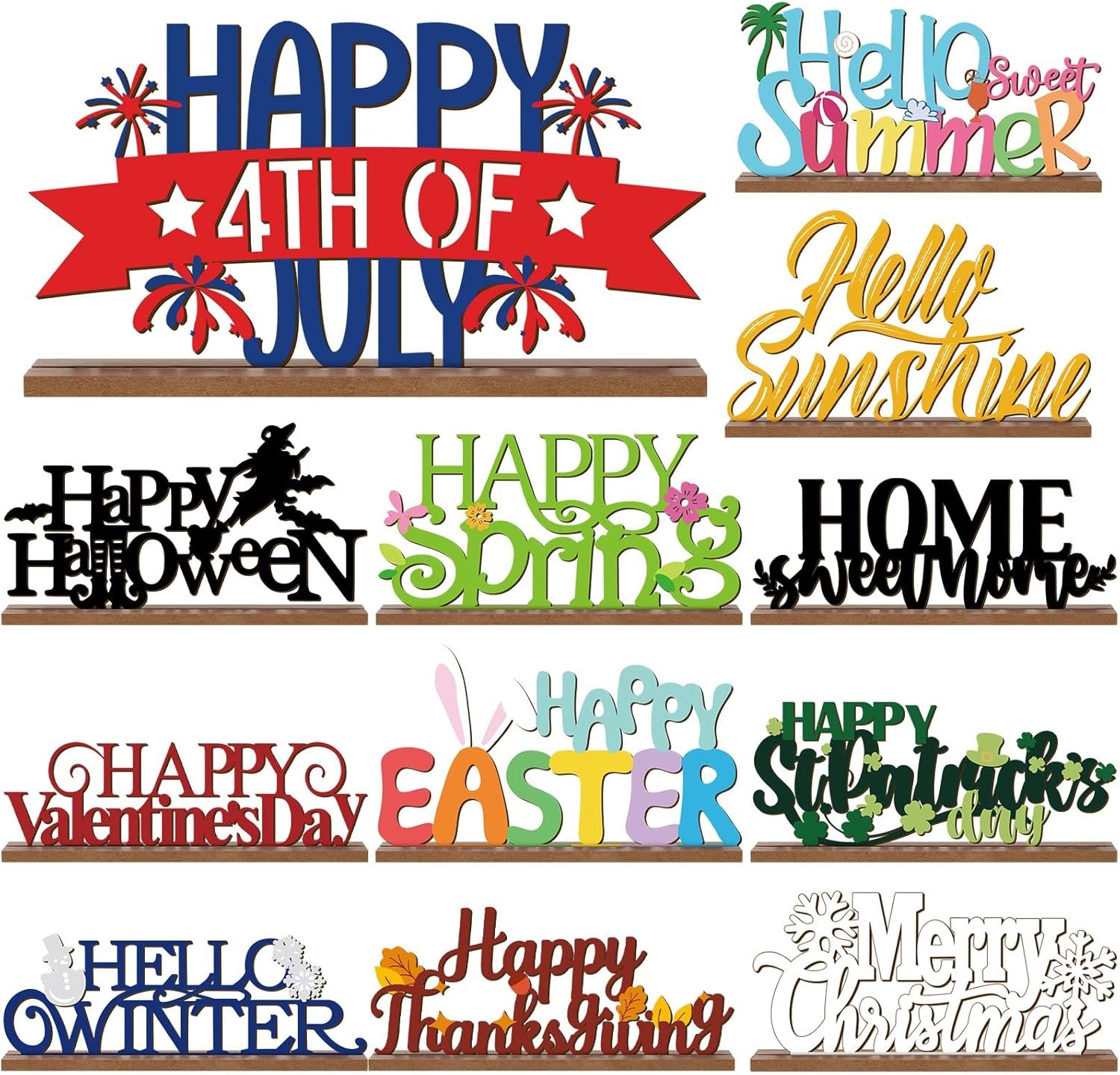 12 Pcs Interchangeable Seasonal Decor Holiday Sign Wooden Desk Table Decor for Office Home Rustic Farmhouse Multiple Holiday Sign with Wooden Base Tiered Tray Tabletop Mantel Easter Welcome Signs