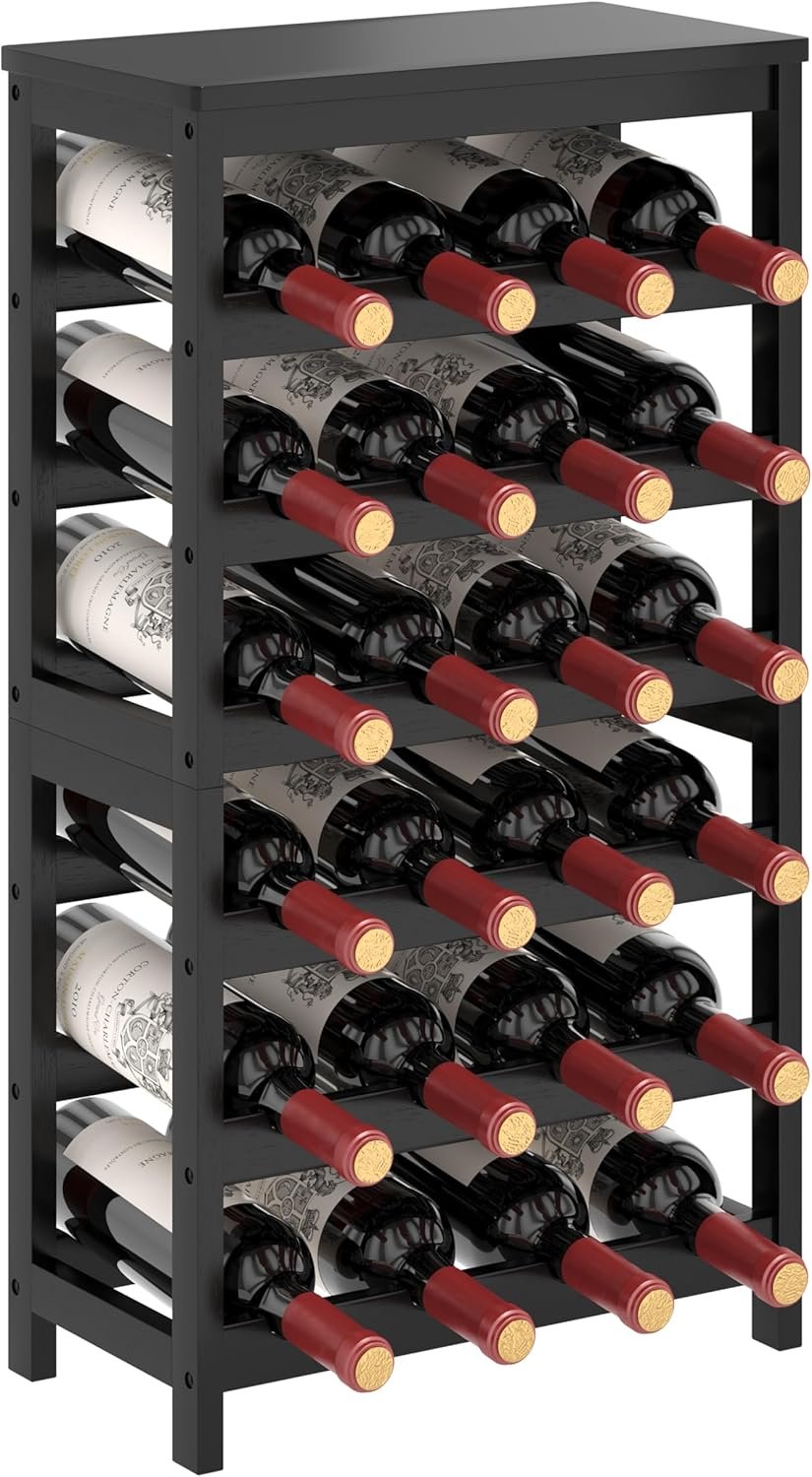 MOGELAFOO 6 Tier Bamboo Wine Rack Freestanding Floor, 24 Bottles Wine Storage Shelves with Table Top, Stackable Wine Display Rack for Kitchen, Bar, Dining Room, Black