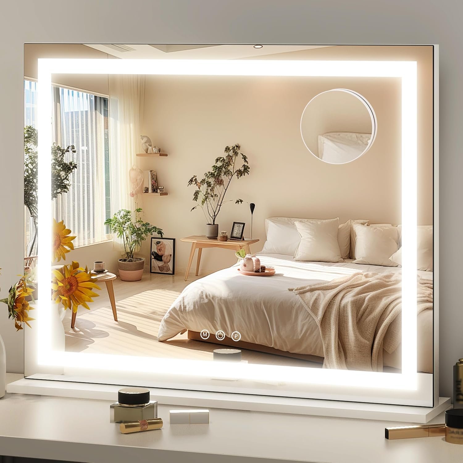 FENNIO 23″ x 18″ Vanity Mirror with Lights，LED Makeup Mirror，Hollywood Mirror with 3 Color Modes & Adjustable Brightness，Vanity Mirror Square White