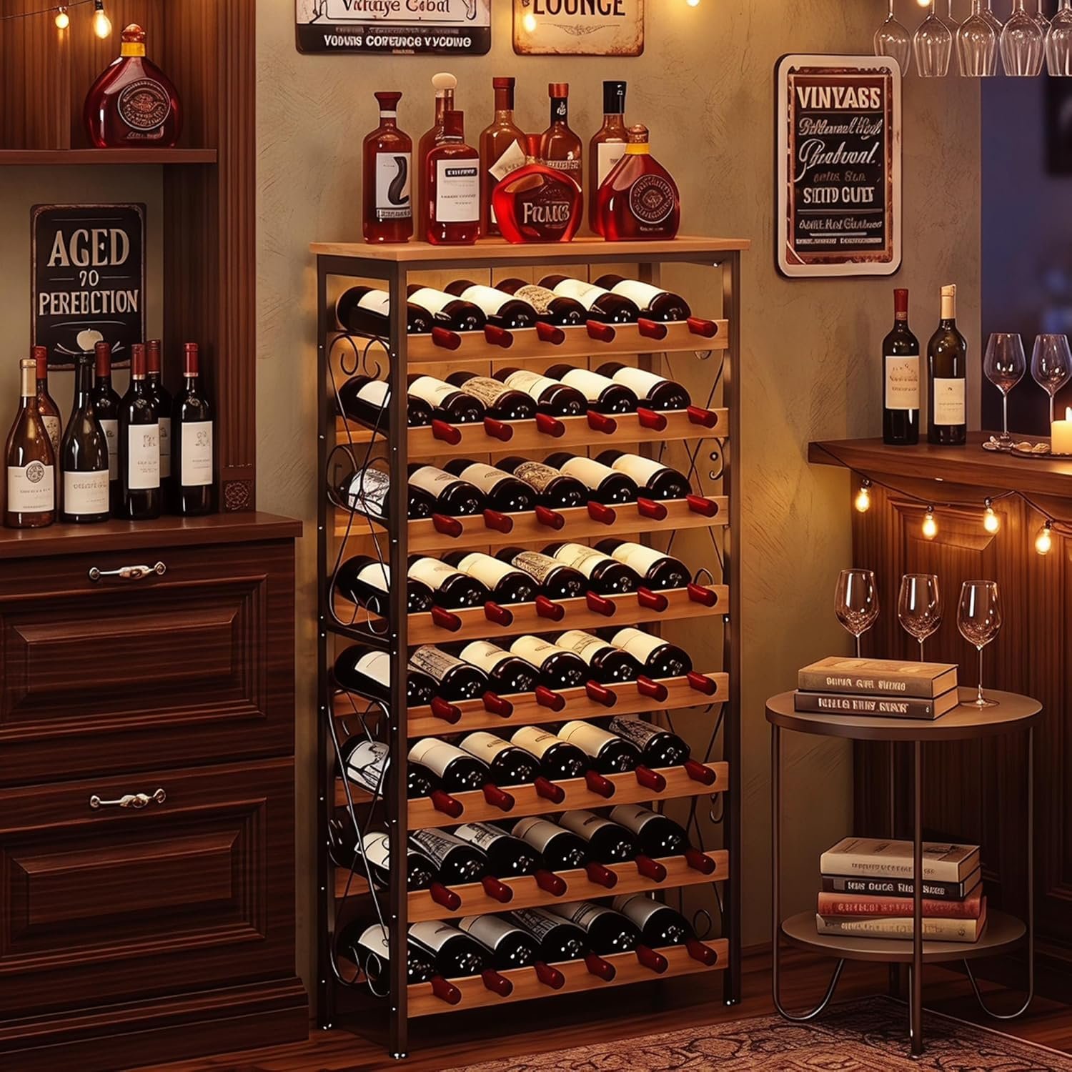 Sonyabecca 48 Bottle Wine Rack Freestanding Floor with Wood Top,8-Tier Wine Storage Shelf with Serving Station, Wine Holder for Kitchen, Bar, Dining Room, Home Bar Cabinet for Wine Bottles, No Wobble
