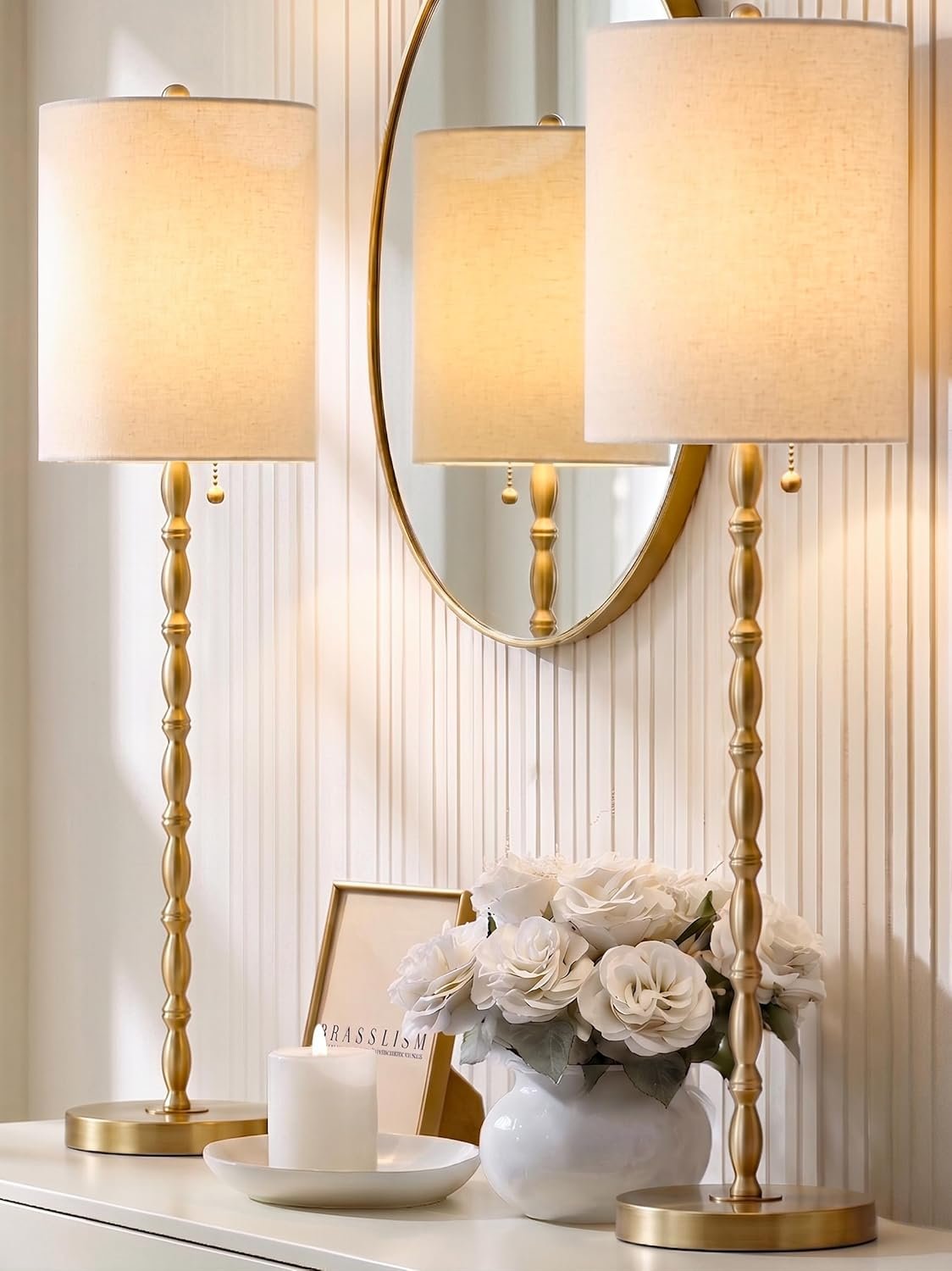 Buffet Lamps Set of 2, 28.5″ Tall Brass Finish Lamps for Entryway, Hallway, Console Table, Dining Sideboard or Living Room, UL Certified with Pull Chain, Linen Shade, Urban Luxury Style