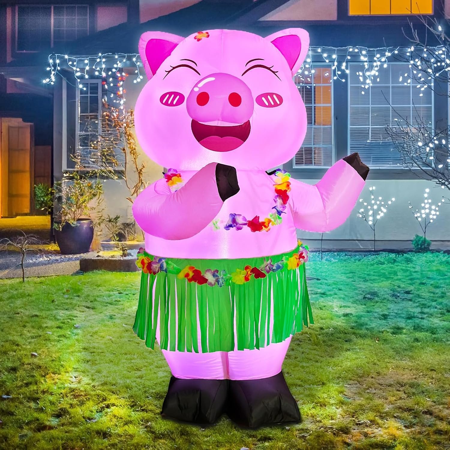 5FT Hawaiian Inflatable Outdoor Holiday Yard Decorations, Dancing Hula Pig with LED Lights, Funny Yard Decorations Outdoor Tropical Hawaiian Party Decor for Garden Lawn Beach Pig Decor