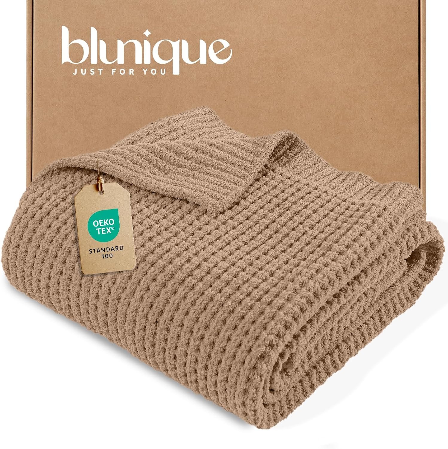 Waffle Knit Throw Blanket, Luxury Cozy Chunky Knit Throw Blanket for Couch, 50 x 60 Inch Thick Ultra-Soft Feather Yarn Knitted Blanket for Sofa, Bed, Home Decor – Beige