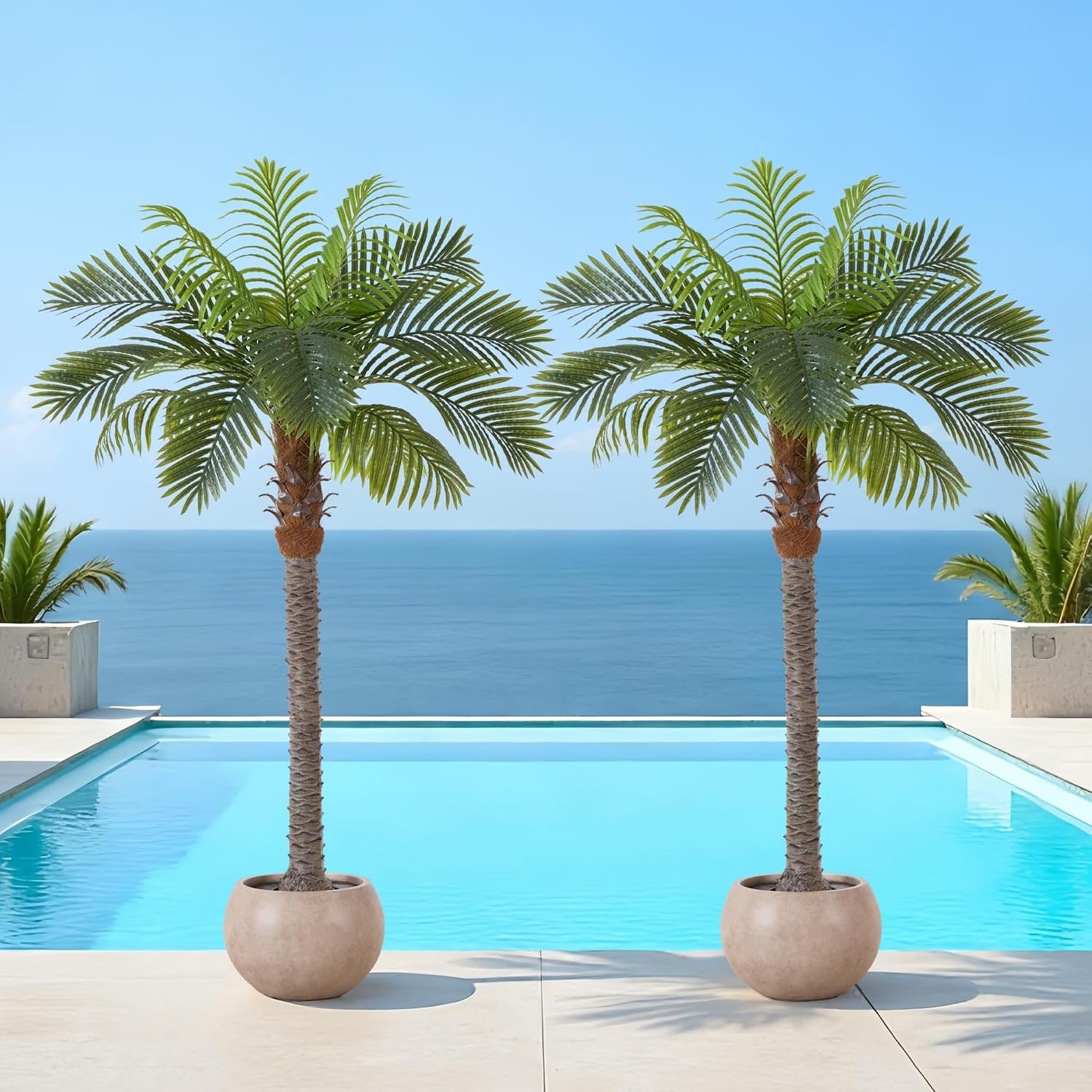 FloraFairy 6FT Artificial Coconut Palm Set of 2, Faux Coconut Silk Palm Tree, Tropical Fake Trees for Indoor Outdoor, Large Sago Palm Plant for Home Office Garden Patio Poolside Backyard