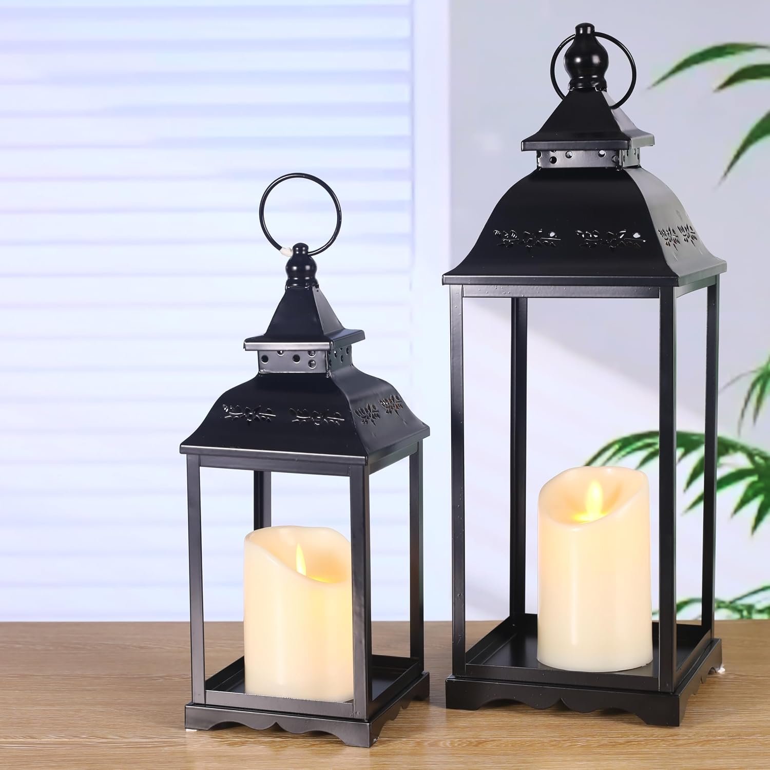 HAVITI 2 Pack Outdoor Lantern for Porch, Black Decorative Farmhouse Lanterns Indoor, 17” 12” Lantern (no Glass) with 2PCS LED Flameless Candles for Porch Halloween Christmas Wedding Fireplace