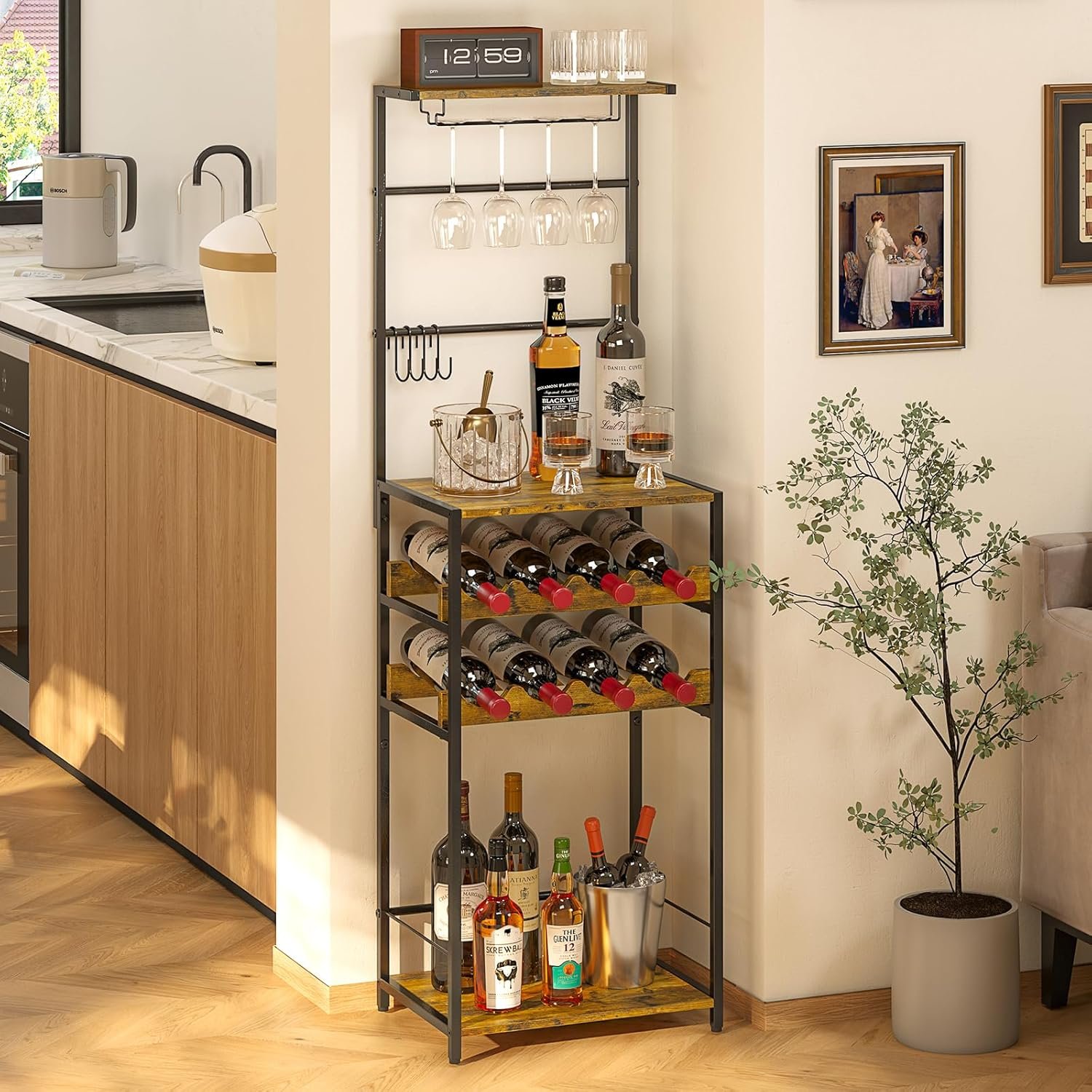 5-Tier Wine Rack Freestanding Floor, Liquor Bar Stand with Glasses Holder and 4 S Hooks, Corner Mini Bar Cabinet for Small Space, 8 Bottles Wine Bar Cabinet for Home, 11.81″D x 16.53″W x 53.55″H