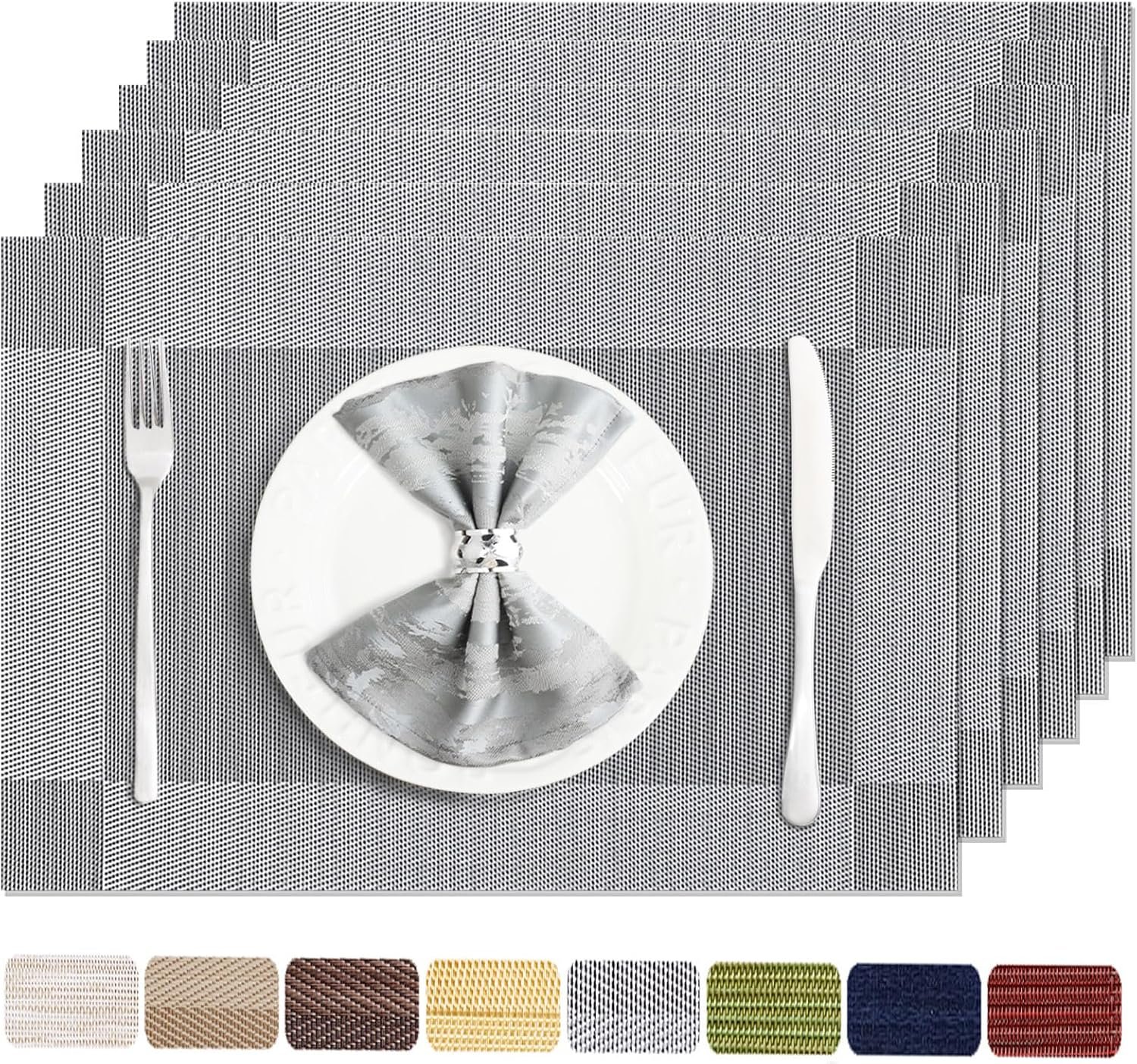 Table Placemats Set of 6 Washable&Wipeable Silver Table Placemats for Dining Table Kitchen Indoor Outdoor Table Mats Heat Resistant Non Slip Woven Vinyl Table Placemats (Grey，6PCS)