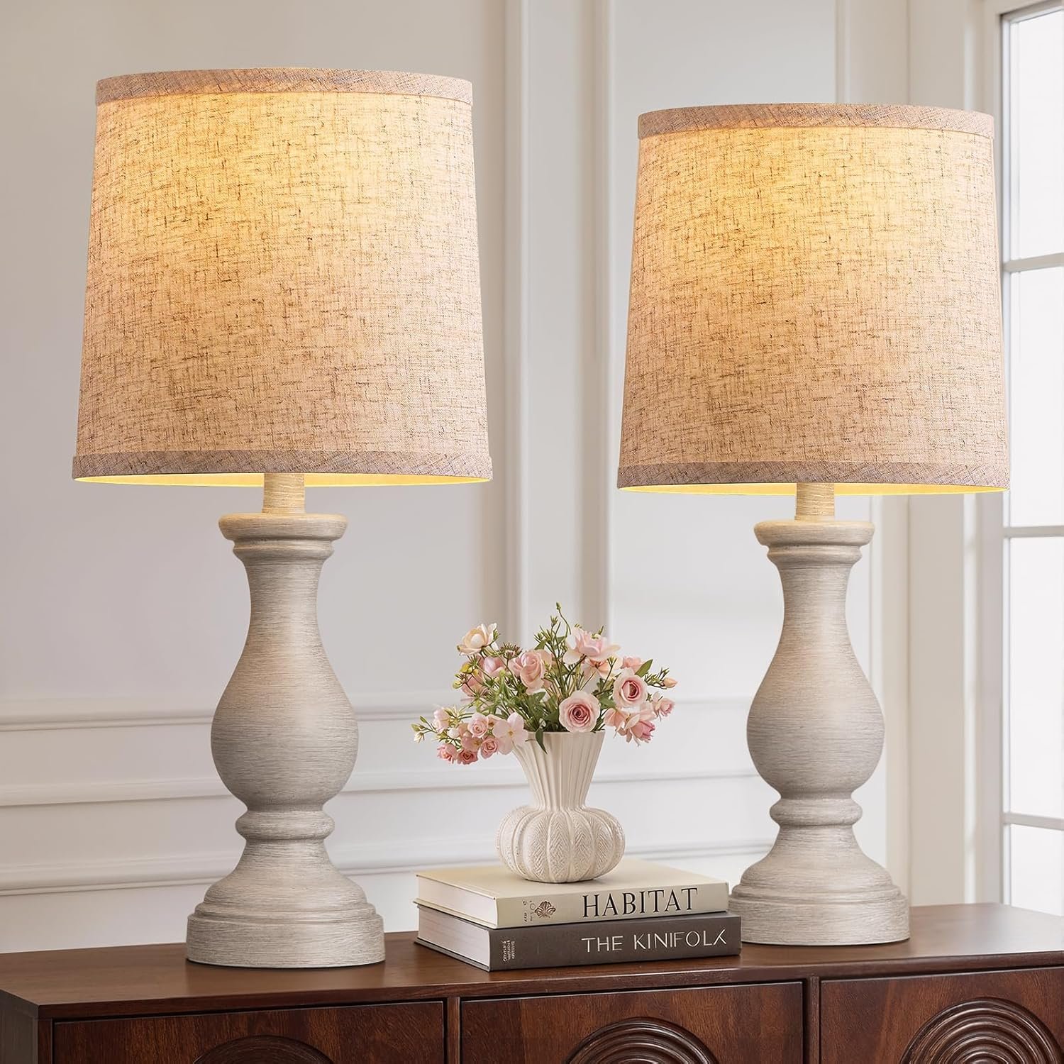Seealle Farmhouse Table Lamps Set of 2 – Rustic Bedroom Lamps for Living Room, 22″ Boho Bedside Lamp for Night Stands End Table Office Desk Lamp Nightstand Clearance Decorating with Linen Shades