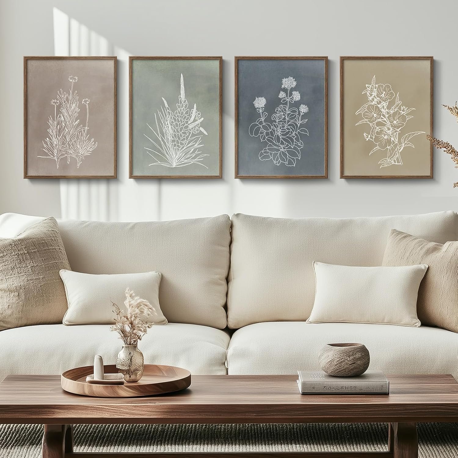 Framed Boho Botanical Wall Art for Living Room, 4 Piece Rustic Floral Canvas Painting Prints, Vintage Minimalist Neutral Flower Artwork for Modern Farmhouse Bedroom Dining Room Office Wall Decor