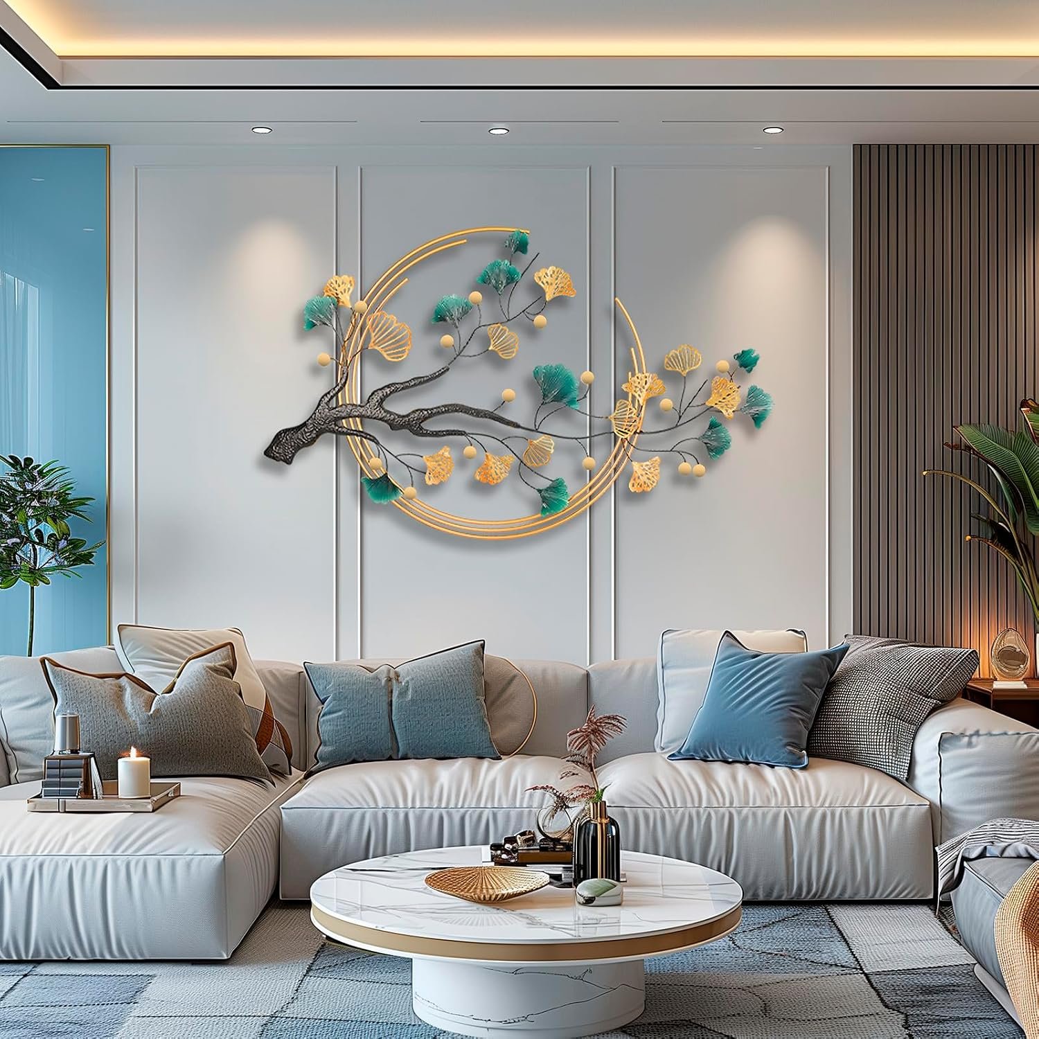 QXSXKJ 3D Metal Wall Art Decor for Living Room Large Modern Wall Sculptures Gold, 59” Metal Wall-mounted Home Decoration, Creative Ginkgo Décor for Living Room Dining Room Bedroom (ginkgo leaf)