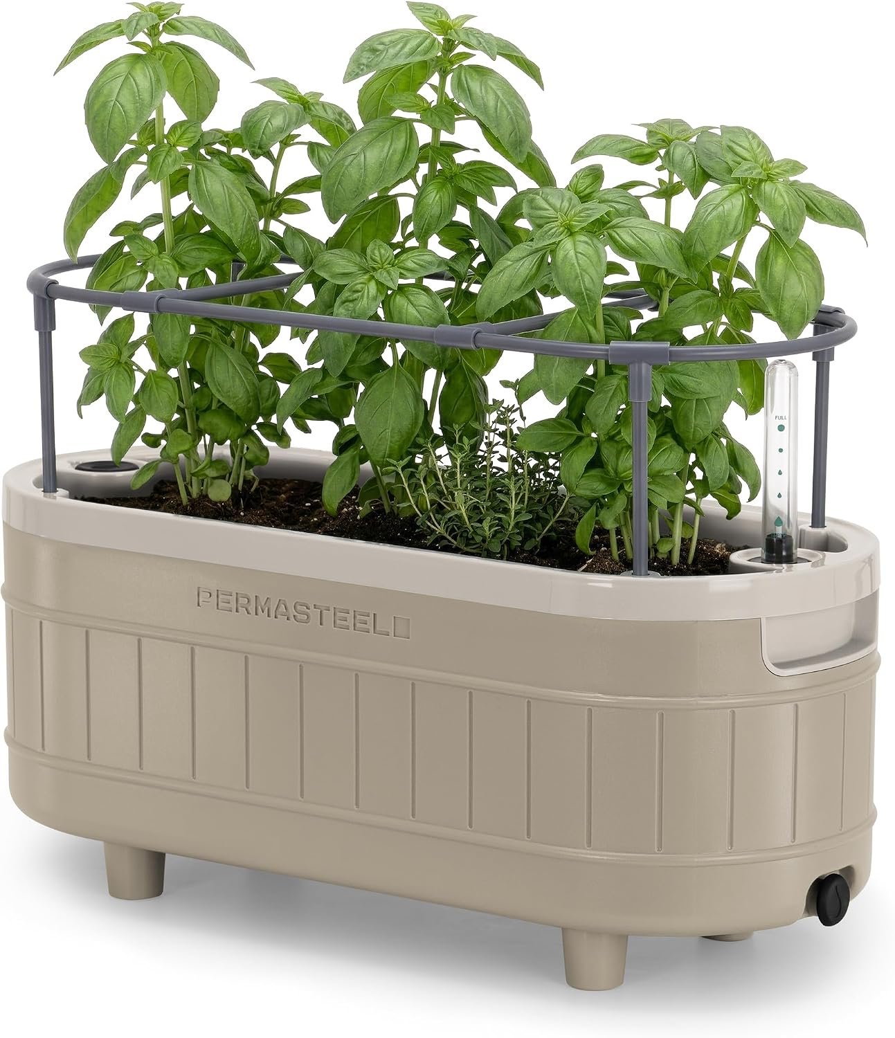 Permasteel Herb Garden Planter with Trellis Support, Self-Watering System with Water Level Indicator, Fits Multiple Herb Plants, for Basil, Flowers, Succulents, Indoor & Outdoor, Taupe