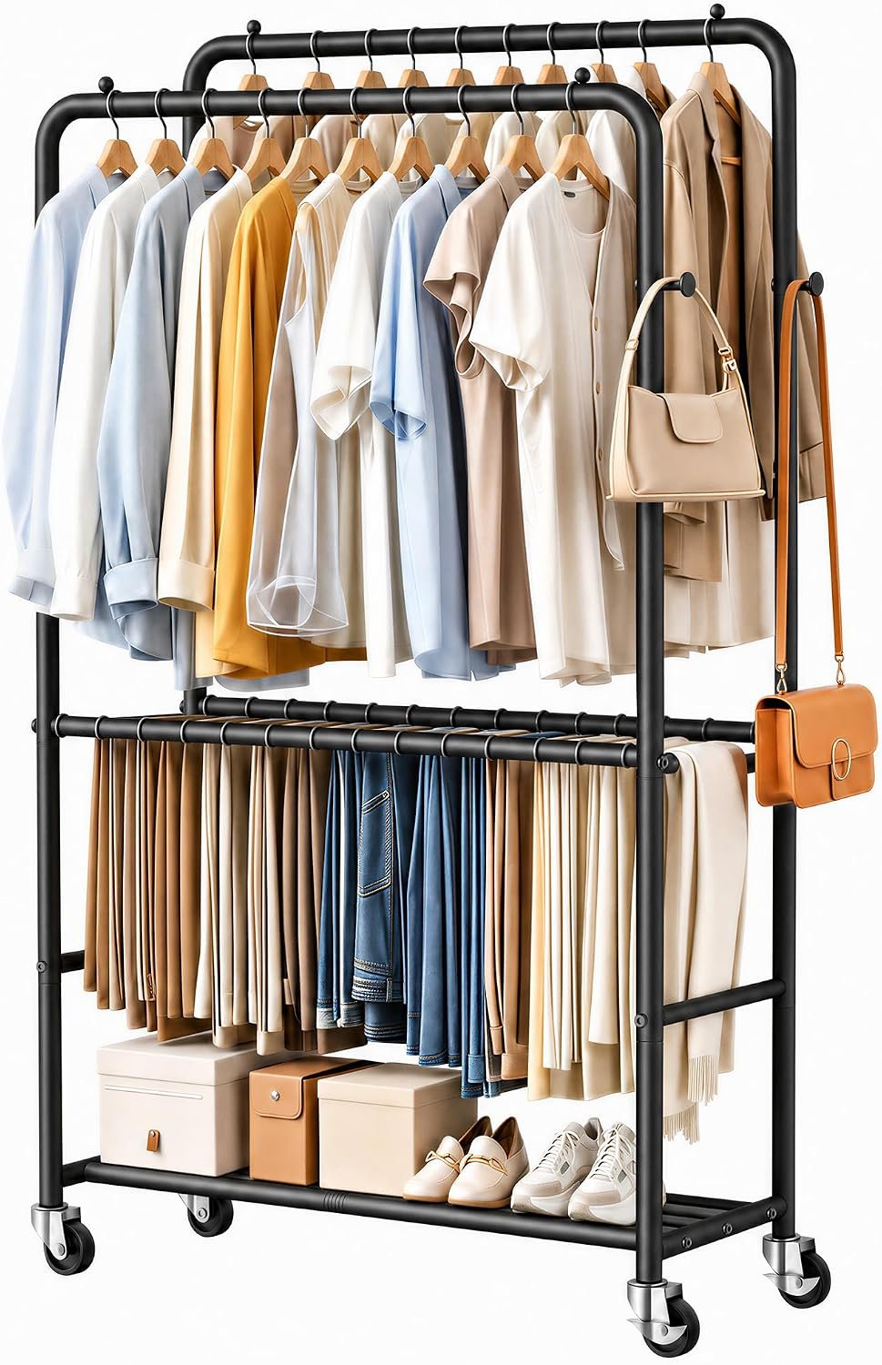 Clothes Racks for Hanging Clothes, Rolling Clothing Rack with Wheels, Black | Portable Double Rod Metal Garment Rack, 4 Bar, 15 Pants Racks, Side Hooks and Shoe Shelf, Suitable for Bedroom, Laundry Room