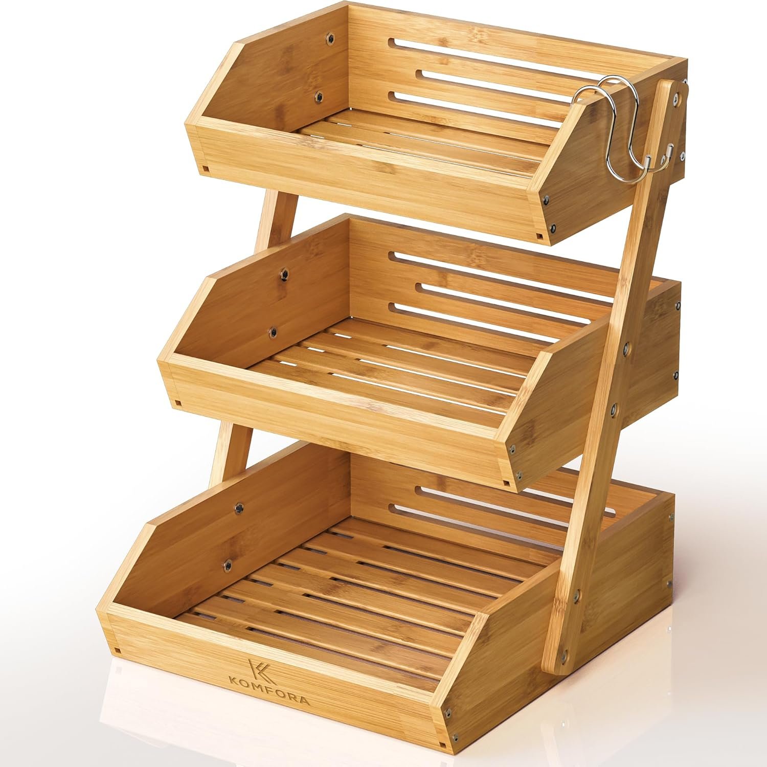 KOMFORA Bamboo Fruit Basket 3-Tier – Premium Produce Basket for Kitchen w/ 2 Hangers – Durable & Easy to Assemble Stand for Countertop – Perfect Holder for Vegetables, Bread, Snacks & More