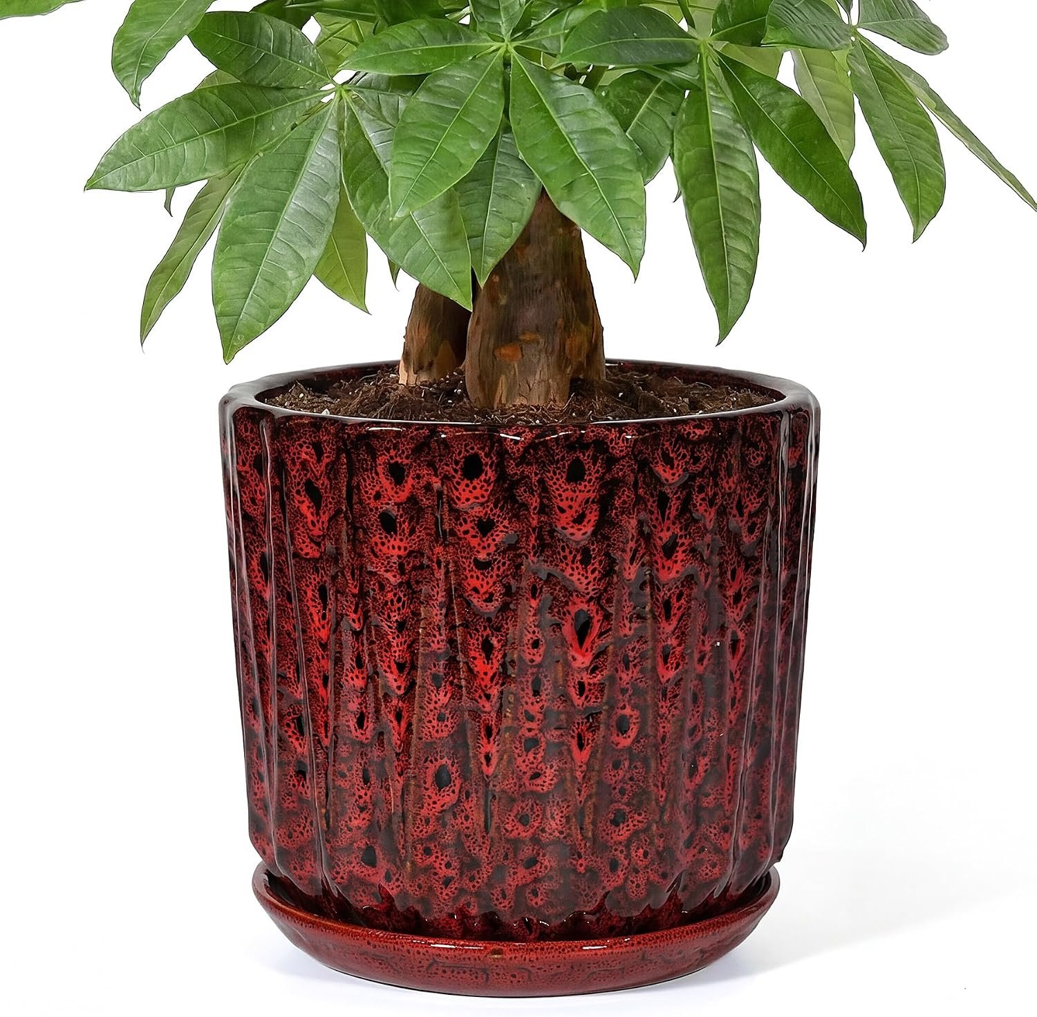 10 Inch Ceramic Planter Pot with Saucer Drainage Leak-Proof Mesh,Flower Pots for Indoor Plants with Gardening Gloves,Ceramic Planter(Spotted Red)