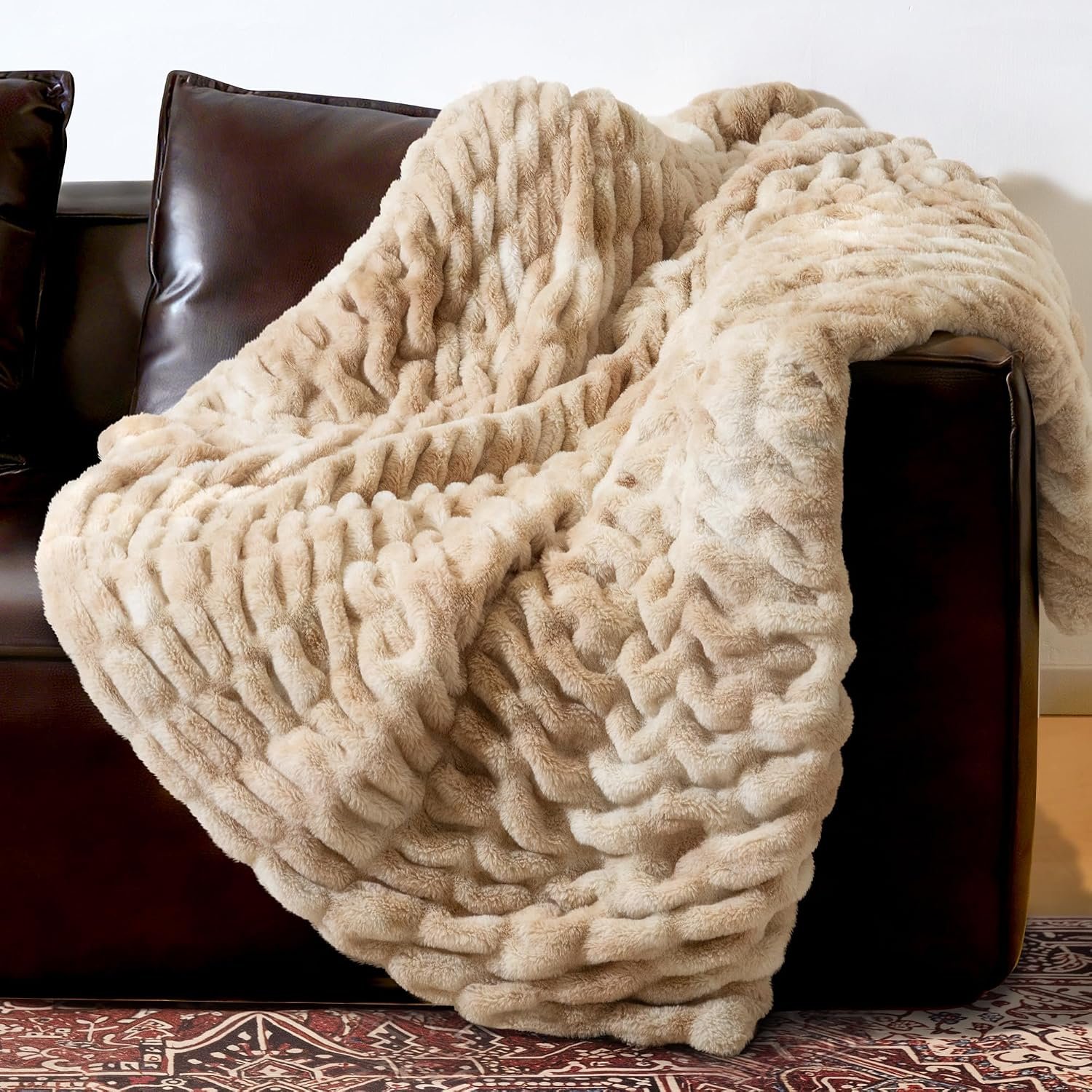 Faux Rabbit Fur Throw Blanket, Ultra Soft Plush Cozy Blanket for Couch Bed, Thick Fluffy Ruched Tie-Dye Decorative Blanket, Giftable,50″x60″,Tie-Dye Khaki
