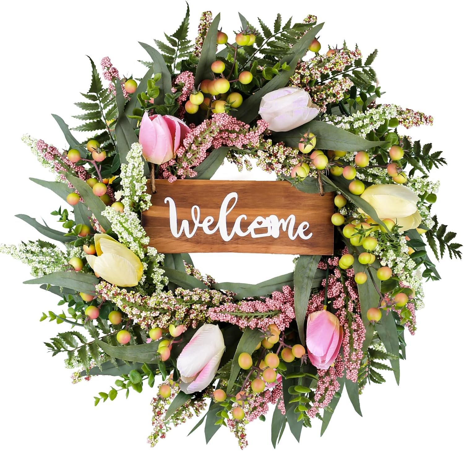 Wreaths for Front Door 20 Inch Spring Summer Tulip Wreath withTulip,Berries,Boxwood and Cattails Welcome Door Wreath, Porch, Window -Green Decor for Home, Farmhouse – Spring, Summer, Fall, All Seasons