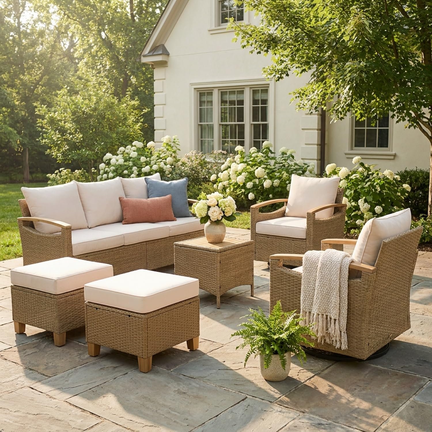 SUNSITT 6 Pieces Outdoor Furniture Set, Patio Wicker Conversation Sets with Swivel Chairs, Outdoor Sofa Set with 2 Ottomans, Beige Cushion