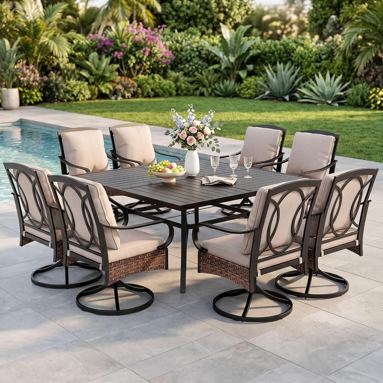 PHI VILLA 9 Piece Outdoor Dining Sets, 57.5″ All-Weather Patio Table and Chairs Set for 8, Heavy Duty Patio Table Set Square for Deck, 8 Extra Large Outdoor Swivel Chairs with Thick Cushions