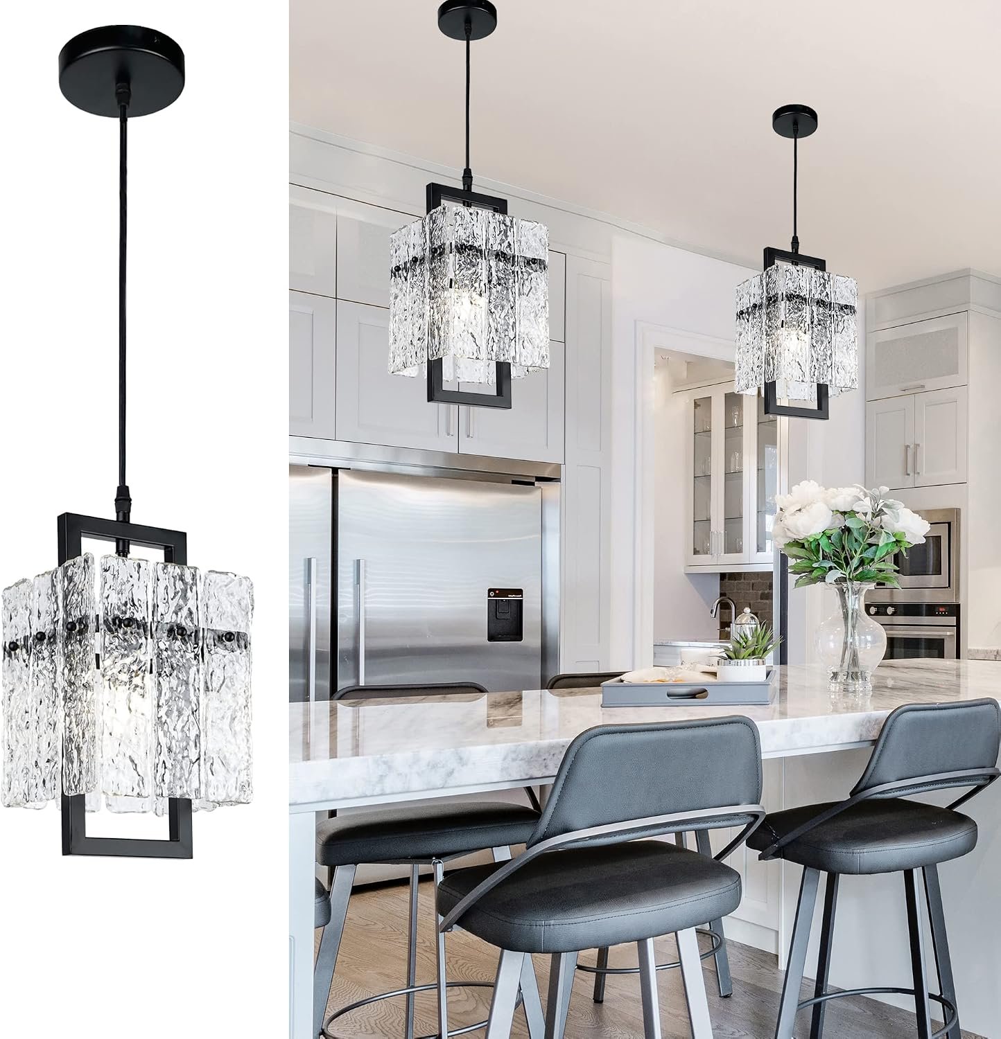 IKK Black Crystal Pendant Light for Kitchen Island, Luxury Water Ripple Glass Chandelier Lights Fixture, Modern Elegant Adjustable Pendant Lighting for Dining Room Bedroom, E12 Bulb, L6.5” x H11.8”