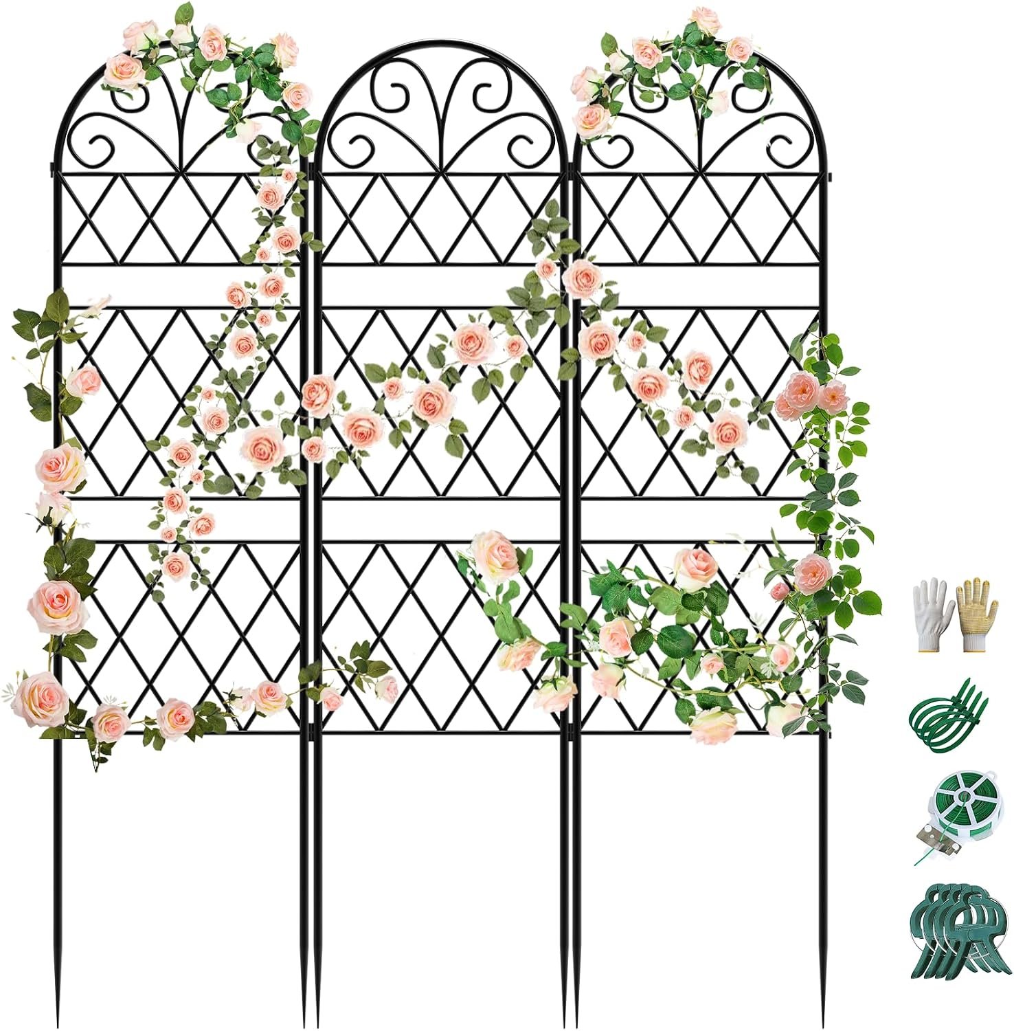 Garden Trellis for Climbing Plants, 3 Pack 38″ Wx 64.6″ H Rustproof Flower Trellis with Black Coating, Outdoor Climbing Rose Trellis Cucumbers Support for Courtyards Lawns (Diamond-Shaped Grid)