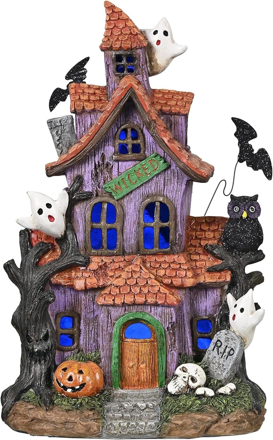 Valery Madelyn Halloween Decorations, Lighted Halloween Village Houses with LED Lights, Resin Spooky Town Happy Haunted House for Home and Party Table Desk Mantel, 9 Inch