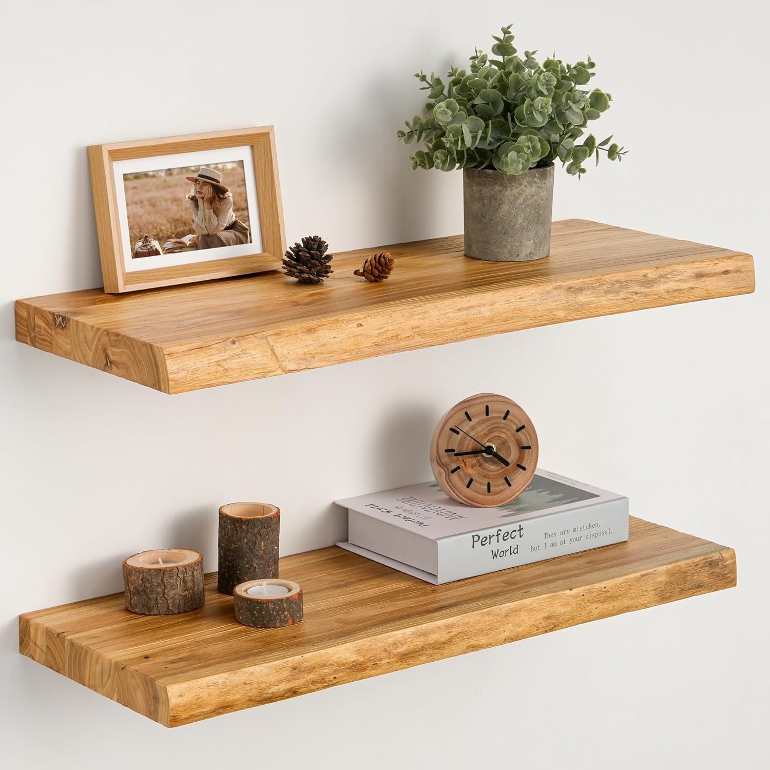 Floating Shelves Set of 2, Solid Elm Wood Wall Shelves 24 Inch – Invisible Bracket Mount for Living Room, Bedroom, Kitchen, Bathroom – Natural