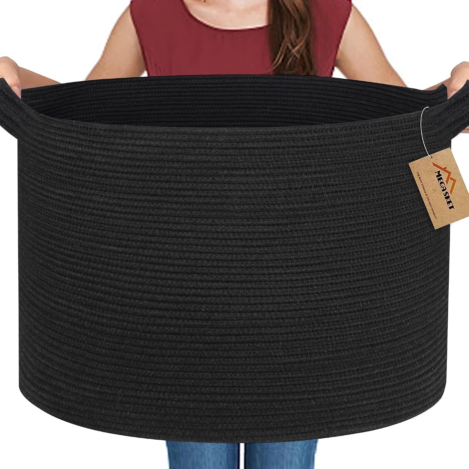MEGASKET Large Black Blanket Basket, 22″ X 22″ X 14″ Woven Rope Bin for Storage, Kids Dog Toy Storage Box Organizer Bins, Blanket Holder for Living Room, Decorative Wicker Basket for Organizing