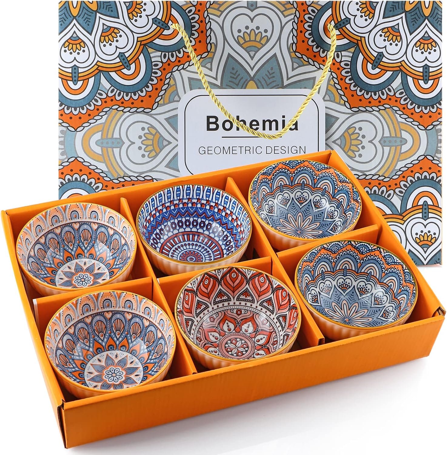 Ceramic Rice Bowls 10 oz, Bohemian Style Bowl Gift Set, Assorted Dinnerware Serving Bowls for Cereal, Soup, Dessert, Snack, Fruit, Salsa, Pack of 6 (Geometric Pattern)